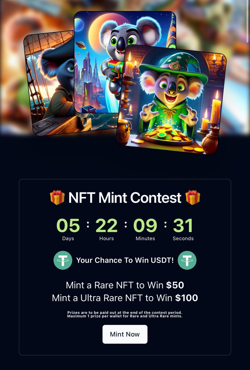 ‼️ Don’t Miss Your Chance To WIN ‼️ 

5 Days Left ⏰

Mint Rare NFT = Win $50 USDT! 💴 
Mint Ultra Rare NFT = Win $100 USDT! 💰 

DOUBLE YOUR CHANCE TO WIN WITH THE LEADERBOARD CONTEST! 🏆

Top 3 Highest NFT Minters on BNB, ETH, POL &amp; Base Win USDT!

1st Prize = $100 💰 
2nd