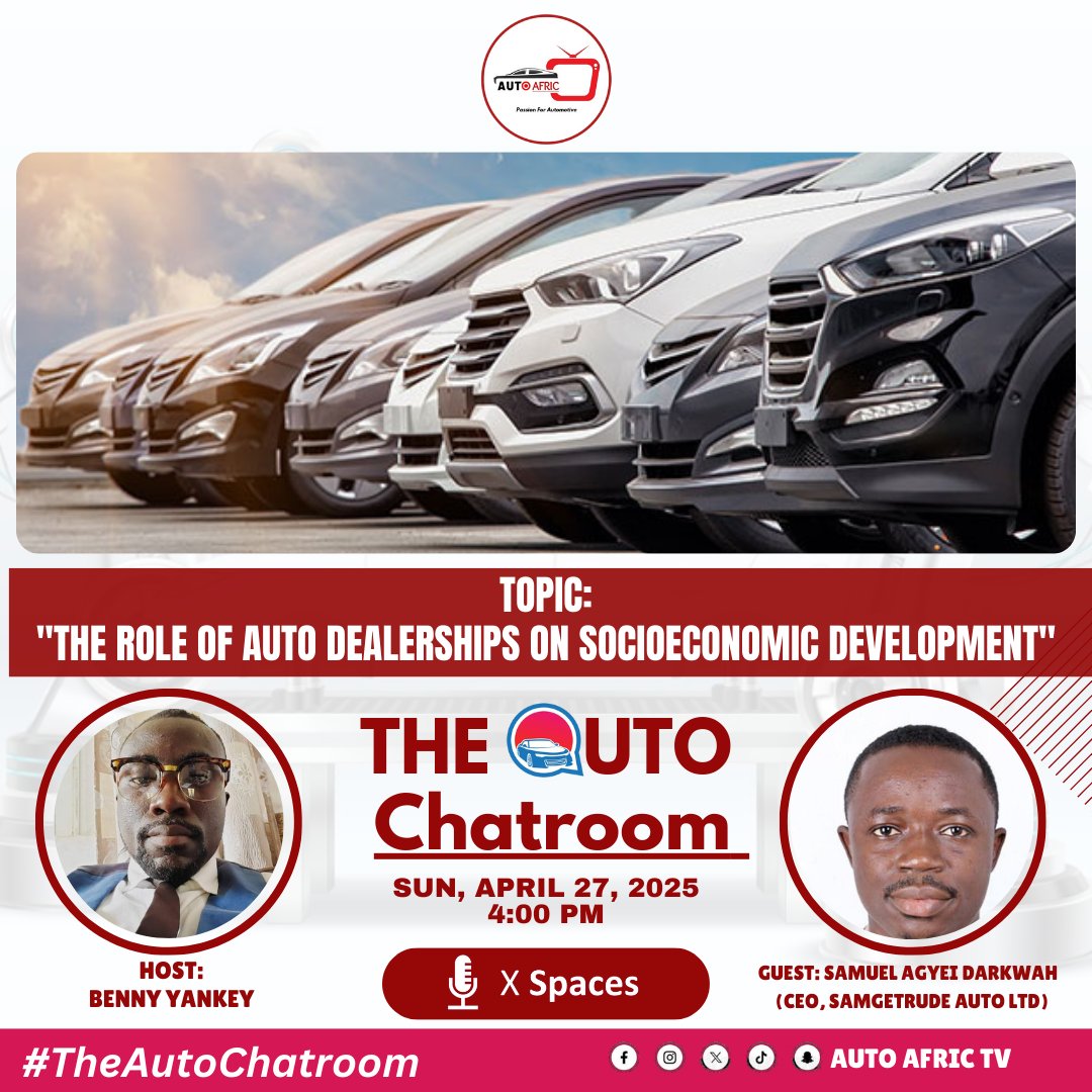 Auto_Forum_TV's tweet photo. 🚘Join us on Auto CHATROOM as we explore how auto dealerships are not just about vehicle sales — but are powerful engines for job creation, skills development, innovation, and national economic progress. Let's uncover the untold impact of dealerships on Africa’s future!
#Auto https://t.co/fLZwxOJcqZ