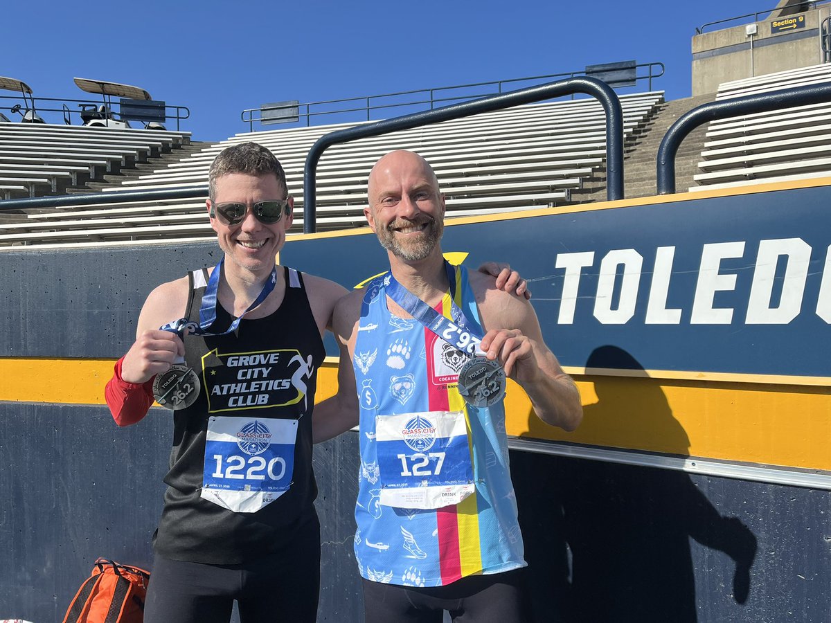 DrSethJenny's tweet photo. Toledo, Ohio 🇺🇸
Marathon 🏃‍♂️

2:57:46*

*6:47 mile pace for 26.2 miles
*4:13 kilometer pace for 42.2km

*2026 Boston Marathon Qualifying time for a 45yo man is 3hrs 15min

(My 45yo “elite” race status wife ran 2:58:15 😳)

Results: https://t.co/3MriLGhkZj https://t.co/ChSnciGXQA