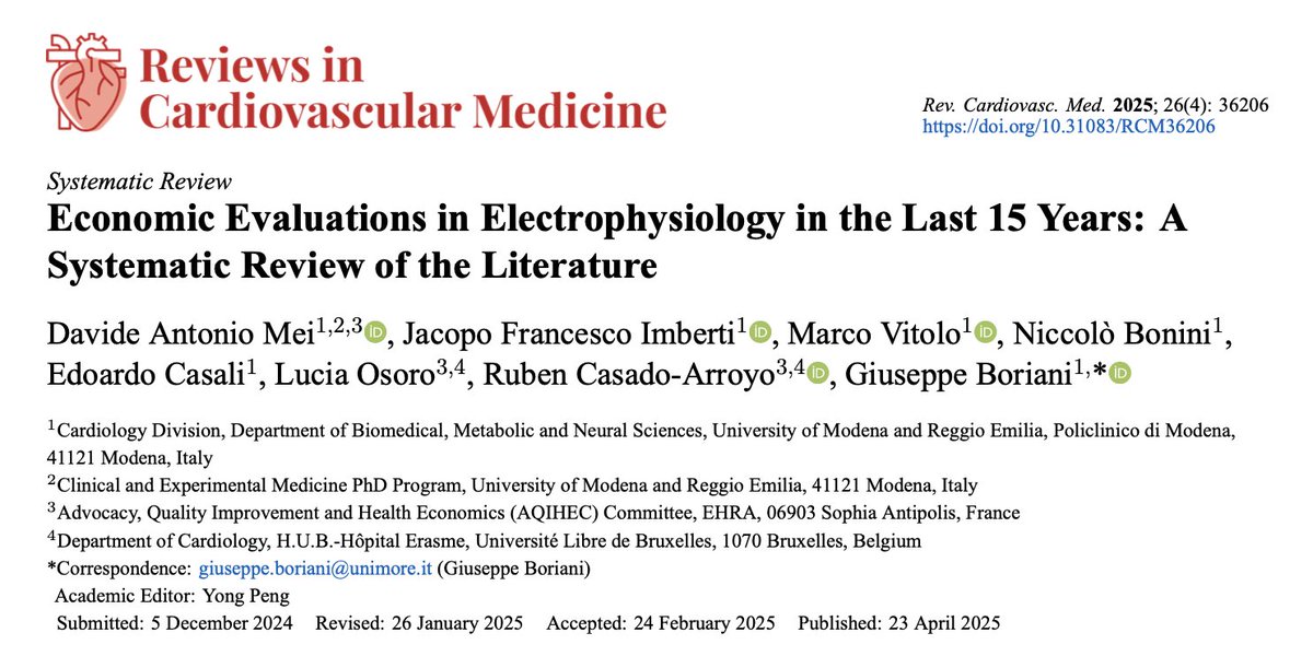 Davide Mei (@davidemei93) on Twitter photo Proud to share our new systematic review on the cost-effectiveness of EP procedures 💵
Full text link ⬇️
imrpress.com/journal/RCM/26…
<a href="/JacopoImberti/">Jacopo Imberti</a> <a href="/marcovitoloMD/">Marco Vitolo Ⓜ️</a> <a href="/BorianiGiuseppe/">Boriani Giuseppe</a> <a href="/rbcasado/">Ruben Casado Arroyo</a> <a href="/LuOsoro/">Lucía Osoro</a> <a href="/Twinkle_IMR/">Twinkle xu</a> <a href="/BoniniNiccolo/">Niccolo Bonini</a> Proud to share our new systematic review on the cost-effectiveness of EP procedures 💵
Full text link ⬇️
imrpress.com/journal/RCM/26…
<a href="/JacopoImberti/">Jacopo Imberti</a> <a href="/marcovitoloMD/">Marco Vitolo Ⓜ️</a> <a href="/BorianiGiuseppe/">Boriani Giuseppe</a> <a href="/rbcasado/">Ruben Casado Arroyo</a> <a href="/LuOsoro/">Lucía Osoro</a> <a href="/Twinkle_IMR/">Twinkle xu</a> <a href="/BoniniNiccolo/">Niccolo Bonini</a>