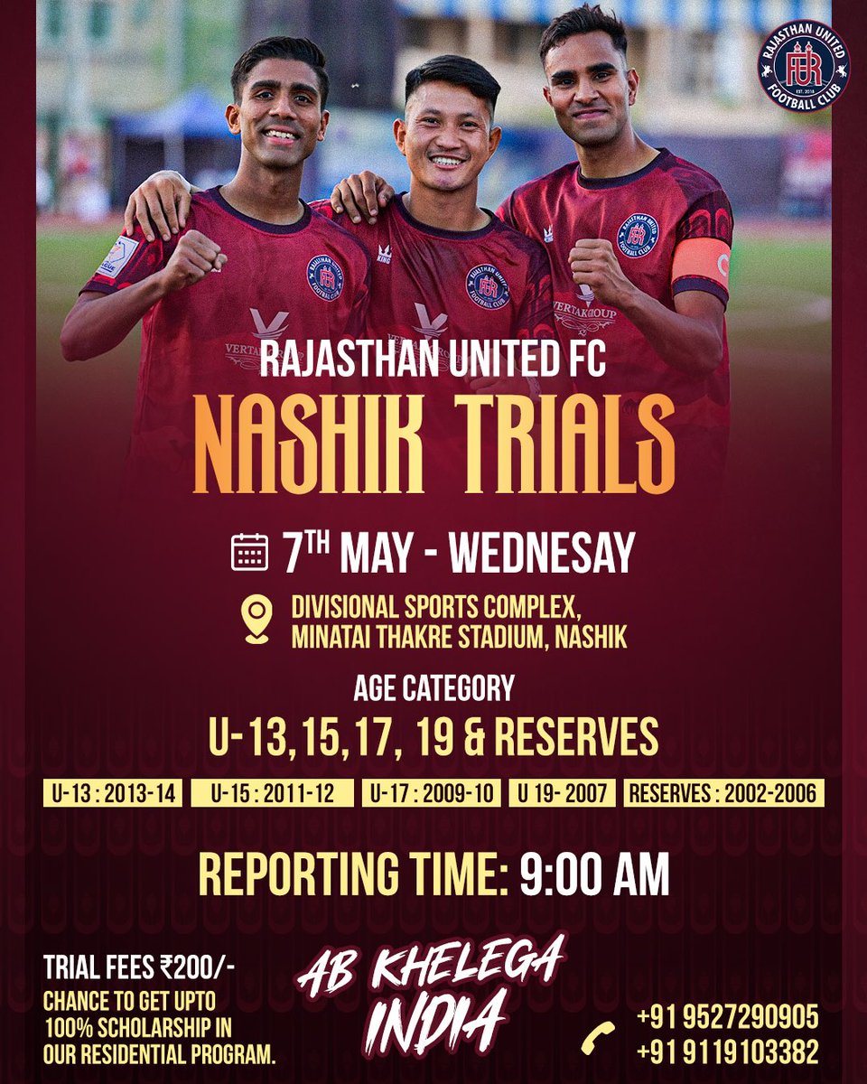 Dream big, kick bigger! Rajasthan United FC Residential Academy is holding trials in Nashik. Show your football skills and secure a scholarship up to 100%!

#Abkhelegarajasthan | #RajasthanUnitedFC | #RUFCAcademy | #Ad