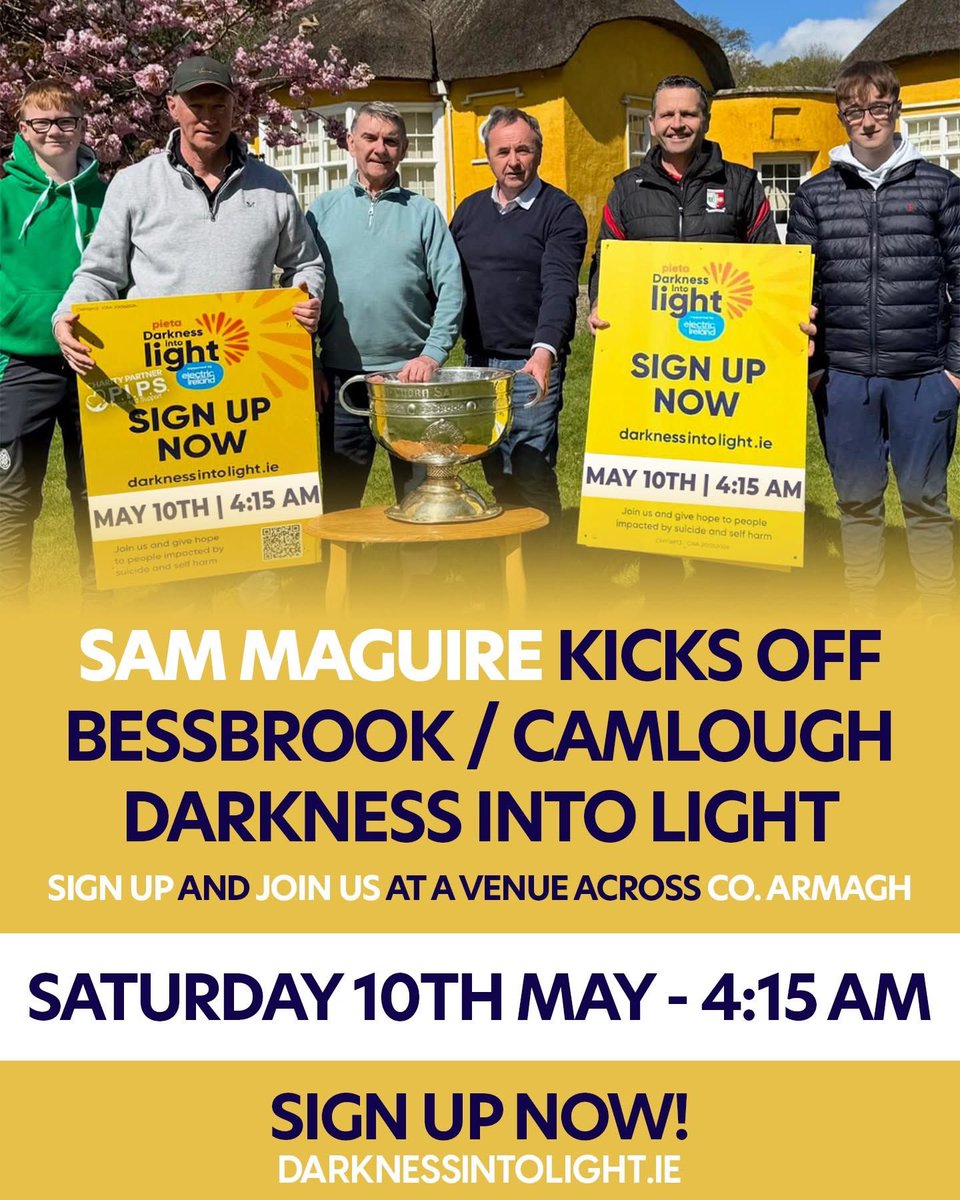 🏆✨ The Sam Maguire Cup has officially launched Darkness into Light Bessbrook/Camlough 

Camlough Community Association, <a href="/Craobh_Rua/">CraobhRuaCamlocha</a>, PIPS Hope &amp; Support,  encourage you to walk with us to show that there is always light and hope even in the darkest times 

#DarknessIntoLight