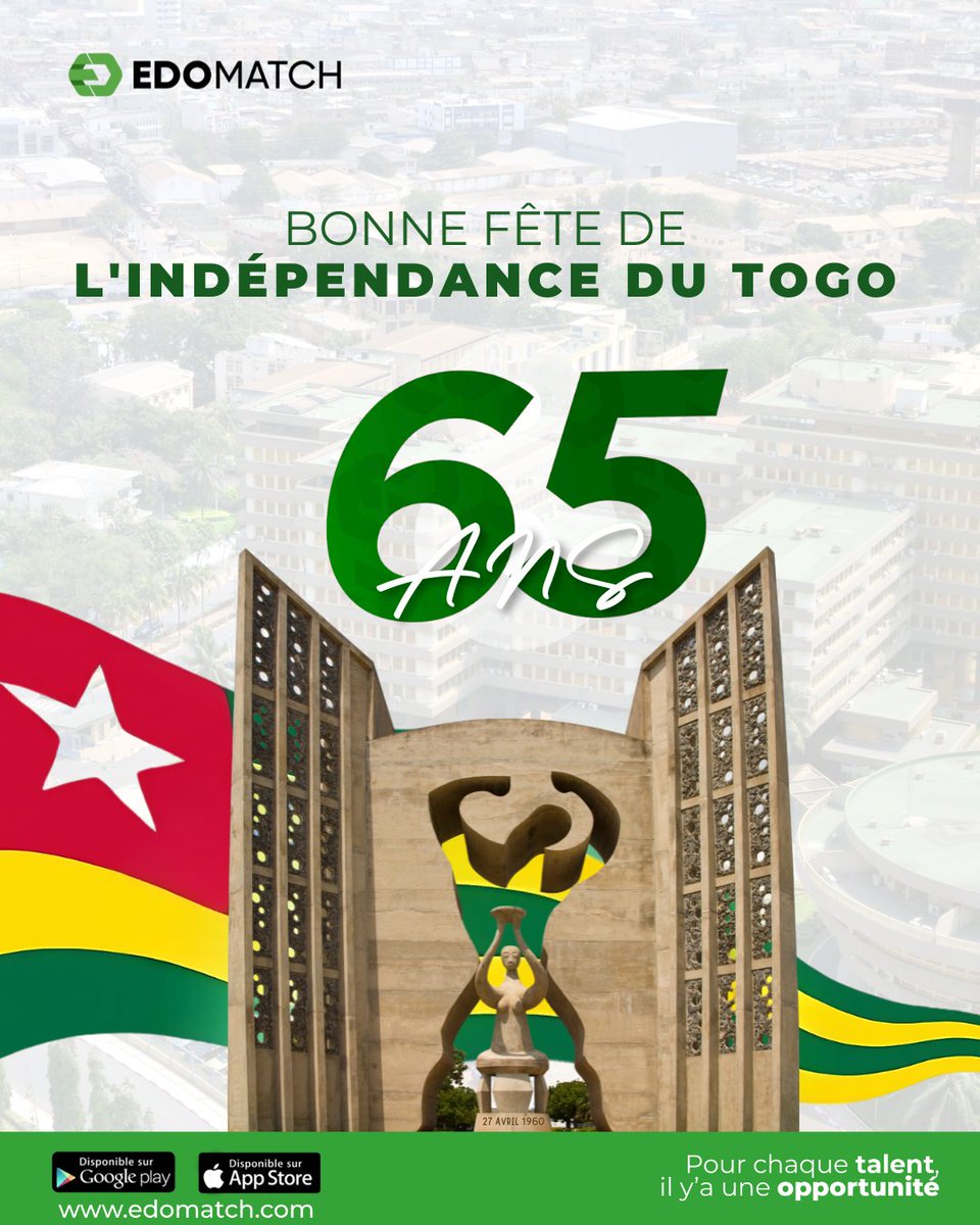 🇹🇬 Aujourd'hui, nous célébrons 65 ans de courage, d'espoir et de détermination.

Chez EDOMATCH, nous croyons en chaque talent togolais. Ensemble, écrivons l'avenir.
#Togo65ans #IndépendanceTogo #FierDetreTogolais #EdoMatch #27Avril #FêteNationaleTogo #UnisPourRéussir