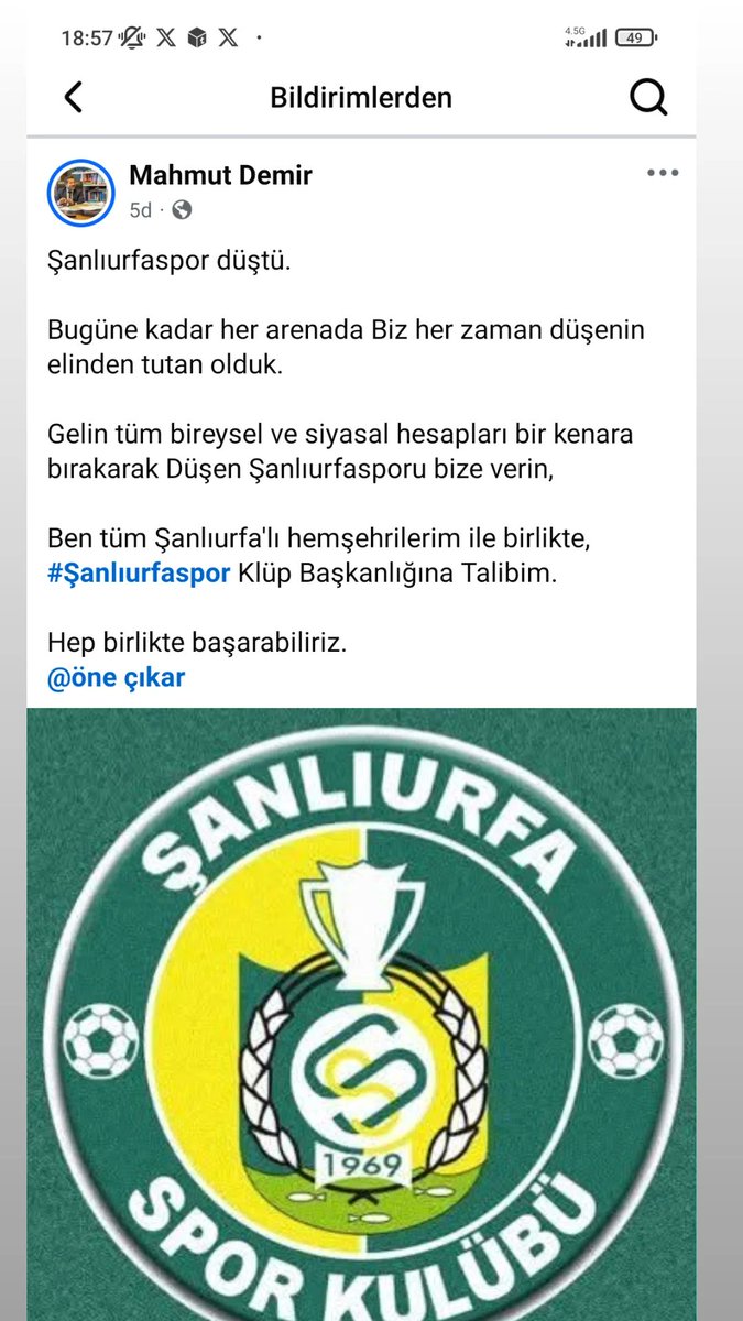 <a href="/Sanliurfaspor/">Kızılkaya Tarım Şanlıurfaspor</a> Şanlıurfaspor düştü.

Bugüne kadar her arenada Biz her zaman düşenin elinden tutan olduk.

Gelin tüm bireysel ve siyasal hesapları bir kenara bırakarak Düşen Şanlıurfasporu bize verin,

Ben tüm Şanlıurfa'lı hemşehrilerim ile birlikte,
#Şanlıurfaspor Klüp Başkanlığına Talibim.