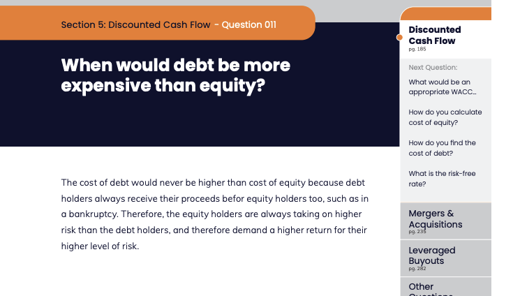 fininterview's tweet photo. When would debt be more expensive than equity?

#investmentbanking #privateequity #corporatedevelopment #fps #financialmodeling #financialmodelling #interviewcoaching #interviewcoach https://t.co/4anbapYckL