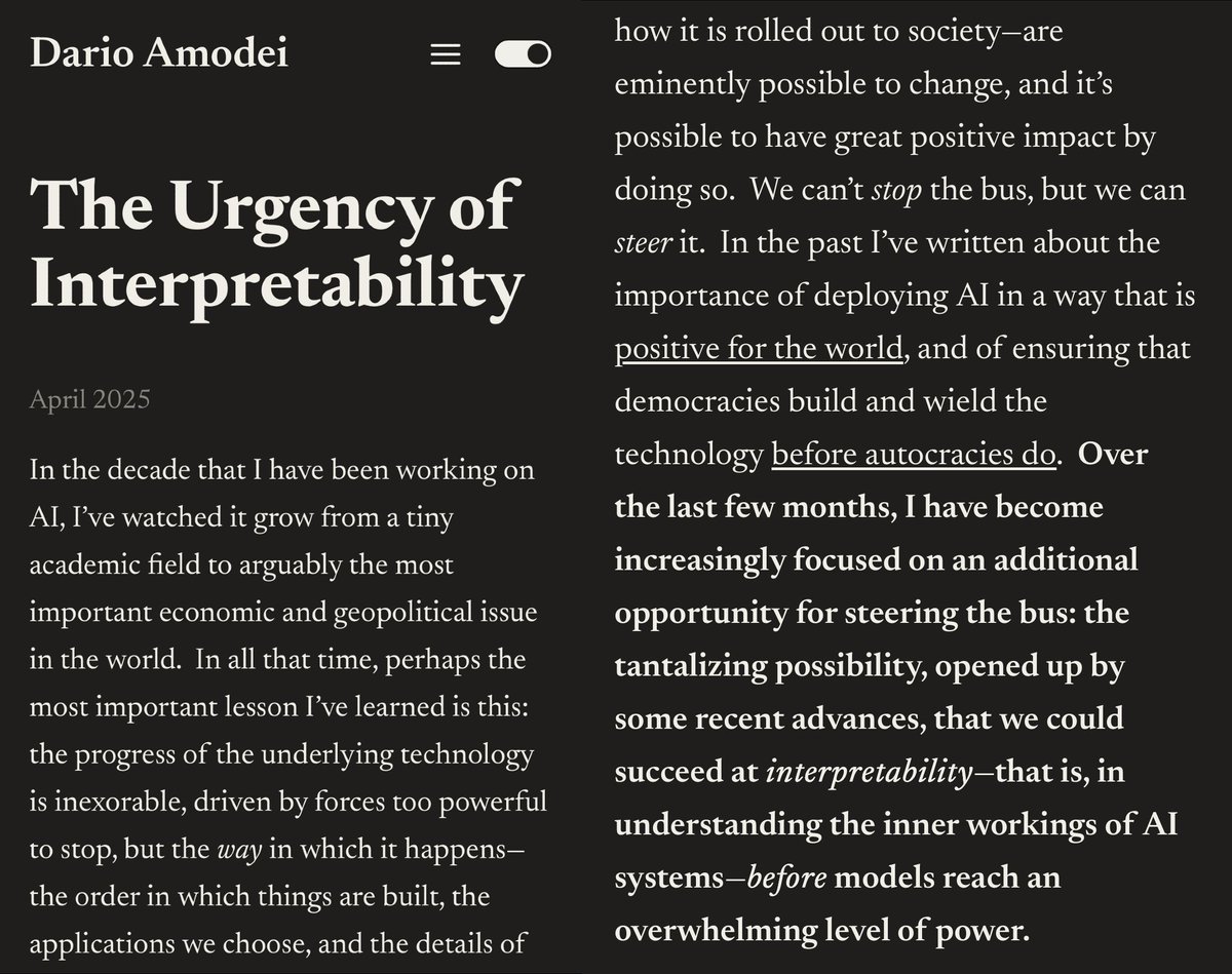 The Anthropic founder's essay on AI interpretability a must-read.

“AI will be central to the economy, technology, and national security.. It’s unacceptable for humanity to be totally ignorant of how they work.”

This is why we both backed @goodfireAI to create the AI MRI scan.