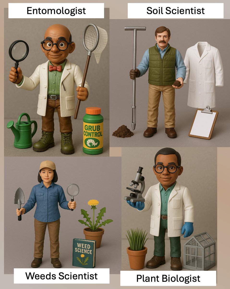 GuelphTurf's tweet photo. These scientist action figures are made to play in the dirt! Turfgrass management best practices are based on research conducted by experts in their field #CompleteTheSet #Turfgrass #GuelphTurf https://t.co/8i749DhhmU