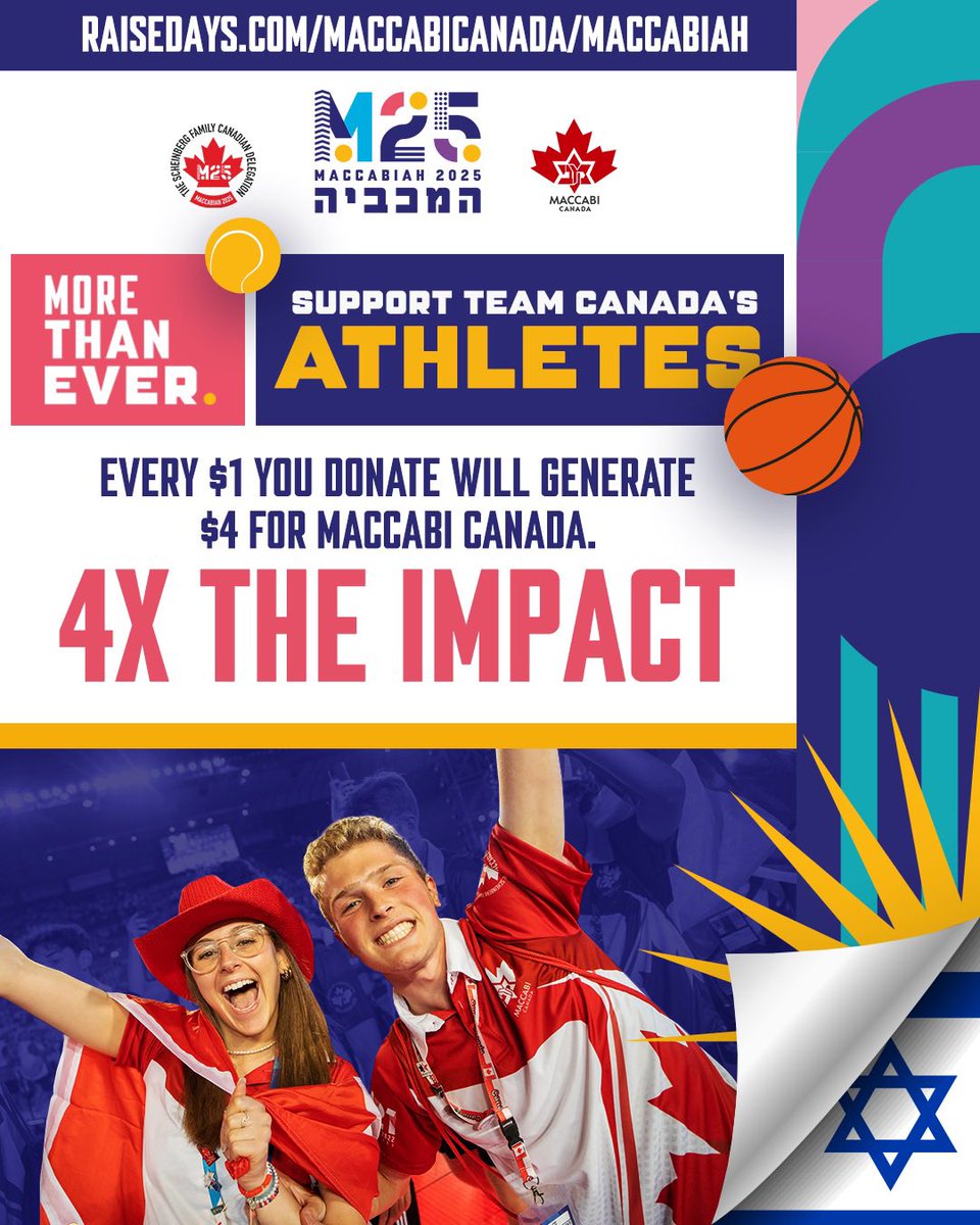 May 1 is #MaccabiCanada’s Day of Giving! Help support Team Canada’s journey to the 2025 #Maccabiah Games in Israel. Every $1 you give becomes $4 thanks to our matching campaign! Team Canada needs you—please give generously! Donate at raisedays.com/maccabicanada/…