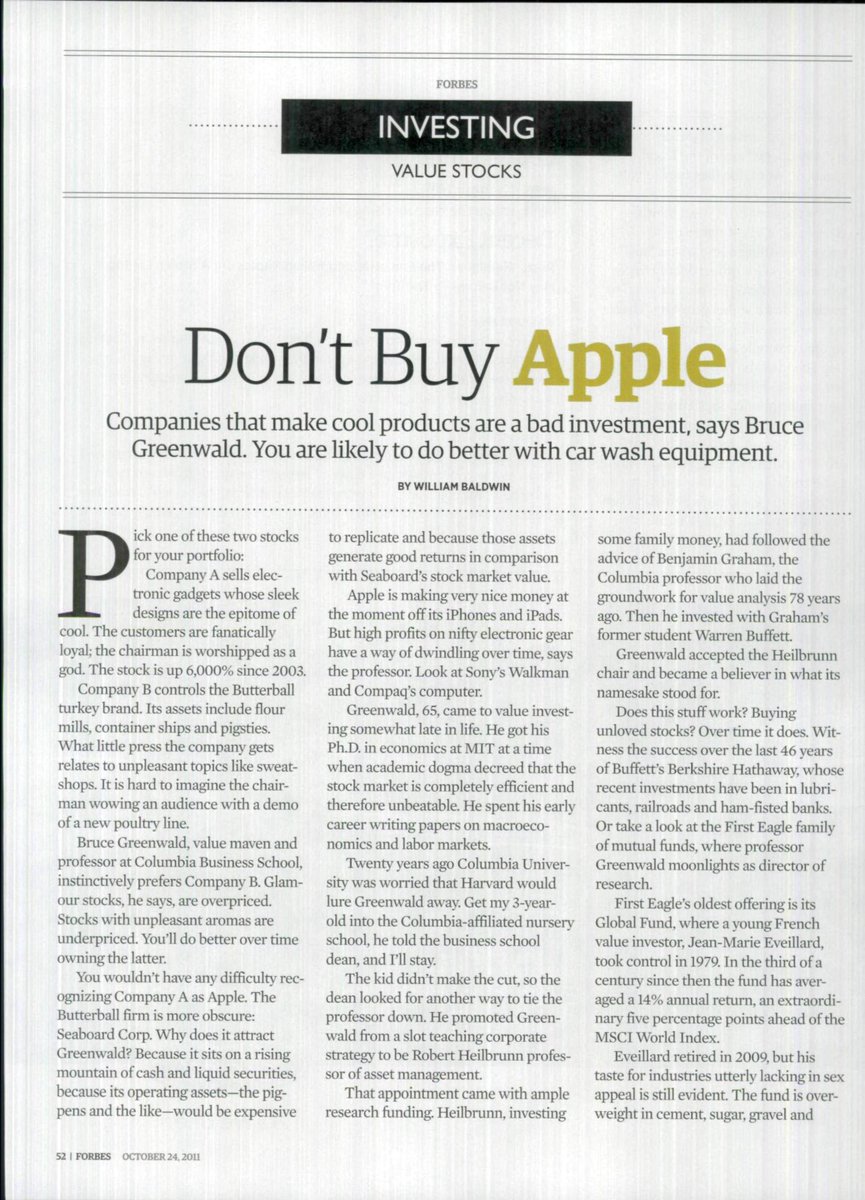 thebigideas_'s tweet image. A 2012 article by Greenwald where he recommends selling Apple &amp;amp; Amazon.

Both have since 16x

A good reminder that success in investing comes in multiple facets, value investing is not the holy grail. 

A good investment is not one w/ low P/E etc… it is simply a successful…