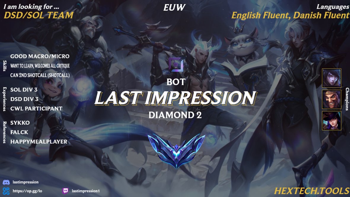 LFT

Been thinking about returning to the competitive scene in League of Legends, and i think it's finally time for a comeback. 

Age: 25
Nationality: Danish
Peak rank: Master
Role: ADC

Retweets are highly appreciated <3