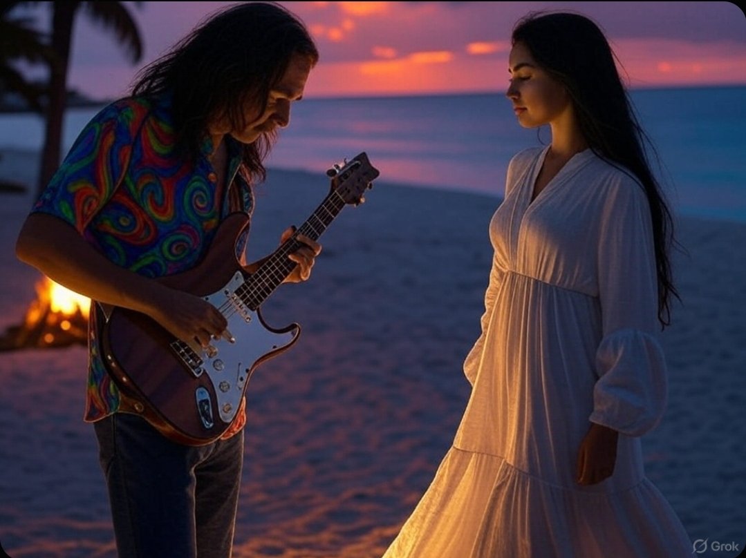 PocketComputer's tweet photo. Jake Near The Turquoise Waters: 

The sun dipped low over Cozumel’s turquoise waters, painting the sky in hues of coral and violet. The beach was alive with the pulse of a late summer night, the air thick with salt and the distant thrum of a beachside bar. Jake, a lanky psychedelic guitarist from a USA club scene, sat cross-legged on a driftwood log, his fingers coaxing dreamy, reverb-drenched notes from his weathered Stratocaster. His sun-bleached hair fell into his eyes, and his tie-dye shirt fluttered in the breeze, a nod to his free-spirited soul. The music swirled like a kaleidoscope, drawing a small crowd of barefoot wanderers.

Among them was Isabella, a Colombian model whose presence seemed to command the twilight. Her bronzed skin glowed under the fading light, and her dark, wavy hair cascaded over her shoulders like a midnight tide. Her linen dress, loose yet clinging in all the right places, swayed as she moved closer, her hips catching the rhythm of Jake’s chords. Her eyes, sharp and smoldering, locked onto him, and a slow, knowing smile curved her lips.

Jake’s fingers faltered for a split second as he met her gaze. The crowd faded, and it was just them—the music, the sea, and the electric charge between their stares. She stepped closer, barefoot in the sand, her anklet glinting with every step. “You play like you’re telling secrets,” she said, her voice a sultry purr with a hint of an accent that made his pulse skip.

He grinned, leaning into the neck of his guitar. “Maybe I am. Wanna hear one up close?”

Isabella laughed, low and teasing, and sank onto the sand beside him, close enough that he could smell the coconut and jasmine on her skin. The heat of her presence was intoxicating, like a shot of mezcal burning through his veins. She tilted her head, her lips parting slightly. “Play something that feels like… us.”

Jake’s eyes flickered over her, taking in the curve of her collarbone, the way her dress slipped just an inch higher on her thigh. He shifted to a slower, hypnotic riff, the notes bending and melting into the humid air, each one dripping with unspoken desire. The music felt like a touch, like fingers grazing skin, and Isabella’s breath hitched as she leaned closer, her shoulder brushing his.

The world narrowed to the space between them. The waves crashed softly, mirroring the rising tempo of their heartbeats. She reached out, her fingers grazing his wrist, pausing his strumming. “You’re trouble,” she whispered, her lips so close he could feel the warmth of her words.

“Says the woman who looks like a storm in human form,” he shot back, his voice rougher than he intended. Her laugh was a spark, and before he could think, she was leaning in, her lips hovering just shy of his. The air crackled, heavy with anticipation, the kind that makes your skin hum.

The guitar lay forgotten in the sand as her hand slid to his jaw, her touch both soft and commanding. Their lips met, slow at first, then hungry, like they’d been starving for this moment. The kiss was a song of its own—wild, unhurried, and full of colors only they could see. Her fingers tangled in his hair, and he pulled her closer, the heat of her body pressed against him as the tide crept closer, licking at their feet.

The night stretched on, their laughter and whispers blending with the ocean’s rhythm. Under the stars, with the sand still warm beneath them, they wrote a story no one else would ever hear—one of fleeting touches, shared secrets, and a connection that burned brighter than the Cozumel moon.
