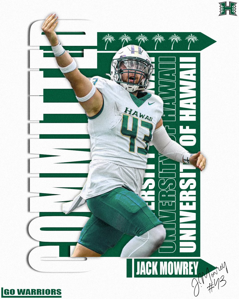 Jack Mowrey (@jackmowrey1) on Twitter photo First and foremost I’d like to thank god for always having a plan for me and allowing me this opportunity!! With that being said, I am 100% committed to the university of HAWAII
<a href="/HawaiiFootball/">Hawaii Football</a> <a href="/CoachSheff_UH/">Coach Sheffield</a> <a href="/JackRay_UH/">Jack Ray</a> <a href="/CoachTimmyChang/">Timmy Chang</a> First and foremost I’d like to thank god for always having a plan for me and allowing me this opportunity!! With that being said, I am 100% committed to the university of HAWAII
<a href="/HawaiiFootball/">Hawaii Football</a> <a href="/CoachSheff_UH/">Coach Sheffield</a> <a href="/JackRay_UH/">Jack Ray</a> <a href="/CoachTimmyChang/">Timmy Chang</a>