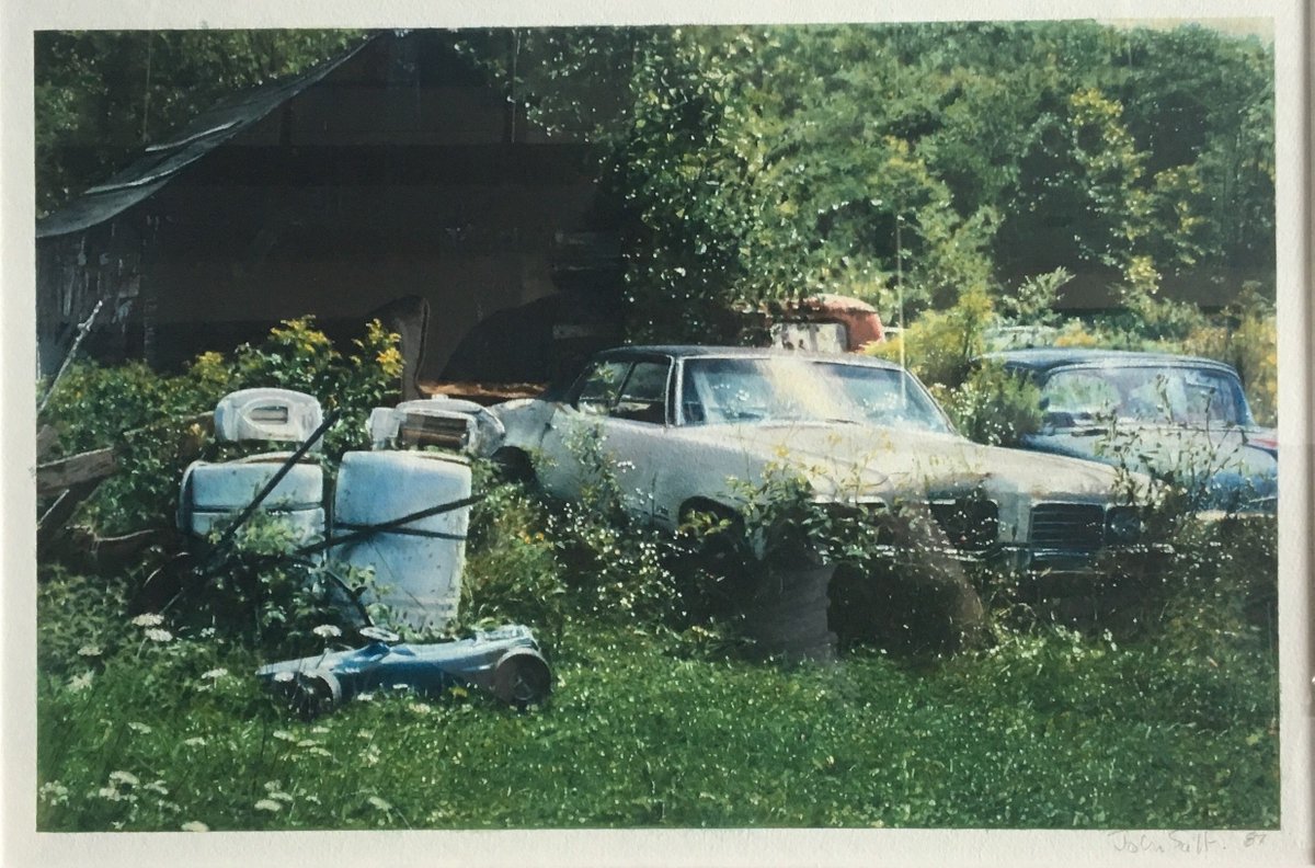 plusonegallery's tweet photo. #JohnSalt exquisite and intriguing evocations of abandoned cars and dilapidated trailers place him among the foremost realist painters of his generation. 'Two Cars in a Field, 1987' watercolour on paper, 30 x 45 cm. #plusonegallery #painting https://t.co/lNnG0U4XIx