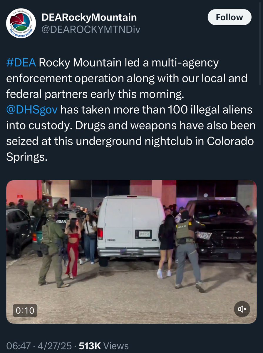 TruthSocietyNet's tweet photo. 🚨BREAKING

The DOJ and DHS launched a joint raid led by the DEA in a multi-agency enforcement operation at an illegal alien underground nightclub in Colorado Springs, resulting in more than 100 illegal aliens taken into custody.

#usa #DOJ #DHS #DEA #JointRaid #ILLEGALS #TDA https://t.co/1SclzFIxKM