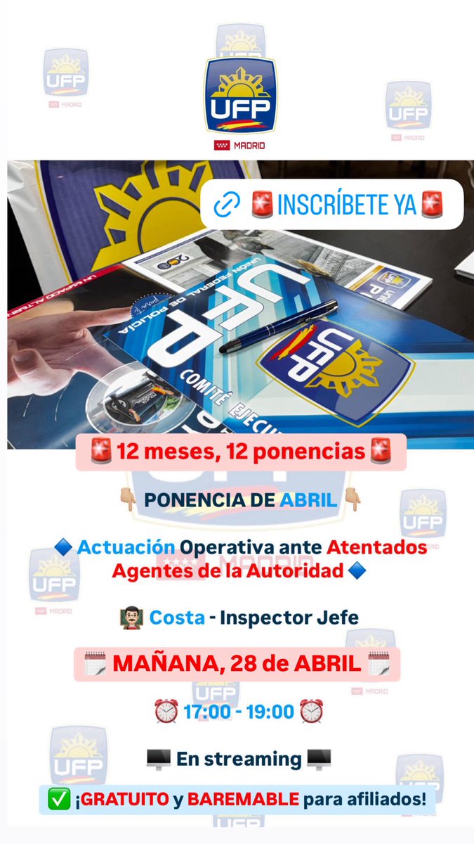 🚨12 meses, 12 ponencias🚨

👇🏼 PONENCIA DE ABRIL👇🏼

🔹Actuación Operativa ante Atentados Agentes de la Autoridad🔹

🗓️MAÑANA, 28 de ABRIL🗓️

👨🏻‍🏫 Costa - Inspector Jefe

⏰ 17:00 - 19:00 ⏰

🖥️ En streaming 🖥️

¡Inscríbete ya!

ufpol.org/formacion/prod…