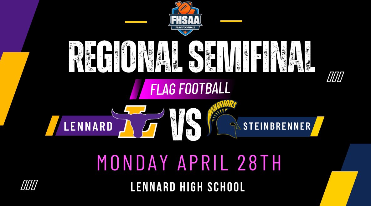 Lennard Flag Football (@longhornsflagfb) on Twitter photo 🏴 Regional Semifinals🏴
🆚 Steinbrenner Warriors
📆 April 28th
⌚️7:00 pm
📍Lennard High School
🎟️ gofan.co/event/3574049
#️⃣UNFINISHEDBUSINESS
<a href="/Juiceup__3/">Diontae Johnson</a> <a href="/SouthShorePreps/">South Shore Prep Sports</a> <a href="/FlaHSFootball/">FloridaHSFootball.com</a> <a href="/Andy_Villamarzo/">Andy Villamarzo</a> <a href="/HCPSAthletics/">HCPS Athletics</a> <a href="/HillsboroughSch/">Hillsborough Schools</a> 🏴 Regional Semifinals🏴
🆚 Steinbrenner Warriors
📆 April 28th
⌚️7:00 pm
📍Lennard High School
🎟️ gofan.co/event/3574049
#️⃣UNFINISHEDBUSINESS
<a href="/Juiceup__3/">Diontae Johnson</a> <a href="/SouthShorePreps/">South Shore Prep Sports</a> <a href="/FlaHSFootball/">FloridaHSFootball.com</a> <a href="/Andy_Villamarzo/">Andy Villamarzo</a> <a href="/HCPSAthletics/">HCPS Athletics</a> <a href="/HillsboroughSch/">Hillsborough Schools</a>
