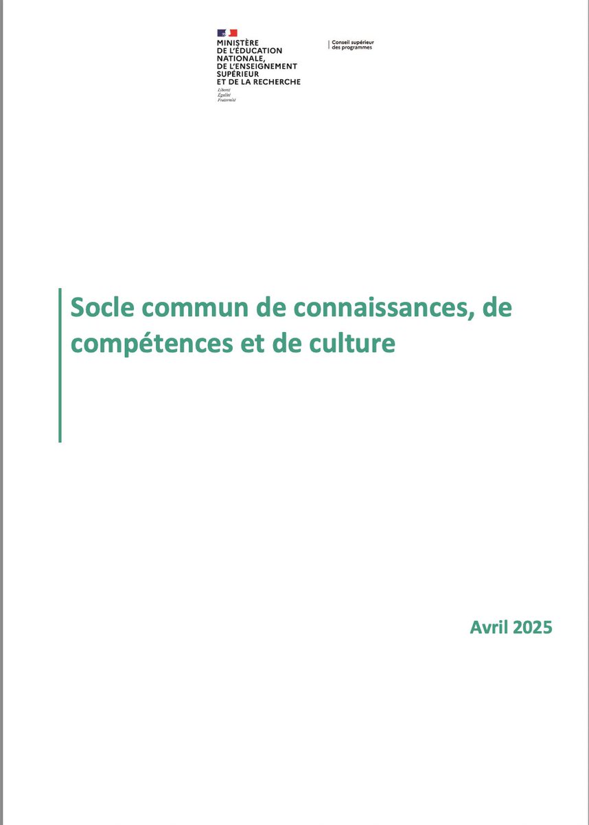 Le projet de nouveau socle commun de connaissances, de compétences et de culture, a été publié le 24/042025 sur le site du Conseil supérieur des programmes

à télécharger ici : 
google.com/url?sa=t&sourc…