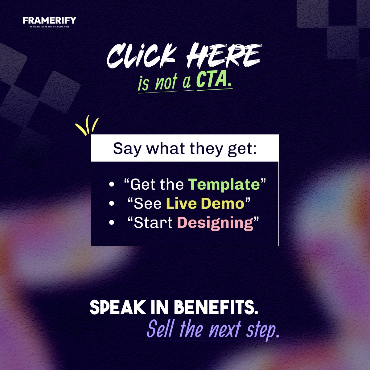 framerify's tweet image. &quot;Click Here&quot; doesn’t sell anything. 🚫

Tell users exactly what happens next 🔥:
👉 &quot;Get the Template&quot;
👉 &quot;See the Live Demo&quot;
👉 &quot;Start Designing&quot;
🧠 Clear CTAs = More conversions.
Small tweak, big results. 📈 

#CRO #MarketingTips #Framerify #SEO #framer