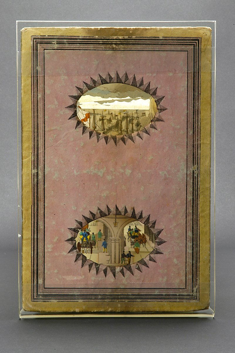 RealPreCinema's tweet photo. This particular Tunnel Book of the Thames tunnel was a double telescopic #Peepshow with two viewing holes (BR). The viewer could enjoy either view. #peepview #peepbox
Horses, pedestrians and carriages are shown entering one end, and the other was a view of the busy river. https://t.co/YpqPfaXhhC