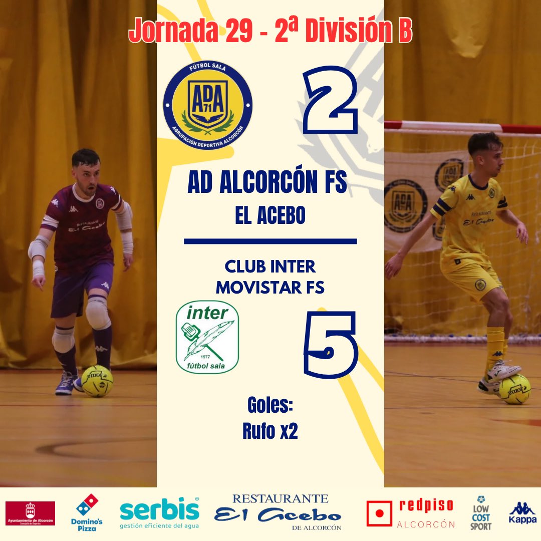 AD Alcorcón FS 2024 / 2025 (@adalcorconfs) on Twitter photo | PRIMER EQUIPO |
Derrota | 5-2 | 🆚 <a href="/AcademiaInterFS/">La Academia Movistar Inter F.S.</a>
🎙️ <a href="/Carlosj_fisio/">Carlos Jimeno</a> : Partido competido donde nos castigó la falta de gol y la mala fortuna en las acciones dudosas.
#123Alcorcón
#ConelCorazónenlaPista💛 | PRIMER EQUIPO |
Derrota | 5-2 | 🆚 <a href="/AcademiaInterFS/">La Academia Movistar Inter F.S.</a>
🎙️ <a href="/Carlosj_fisio/">Carlos Jimeno</a> : Partido competido donde nos castigó la falta de gol y la mala fortuna en las acciones dudosas.
#123Alcorcón
#ConelCorazónenlaPista💛