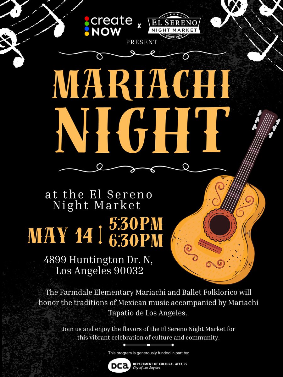 Join us at the El Sereno Night Market for a celebration of Mexican music and tradition. Enjoy the flavors of the Night Market while the Farmdale Elementary Mariachi and Ballet Folklorico perform alongside Mariachi Tapatio de Los Angeles.
Generously funded in part by <a href="/Culture_LA/">LA Dept of Cultural Affairs</a>