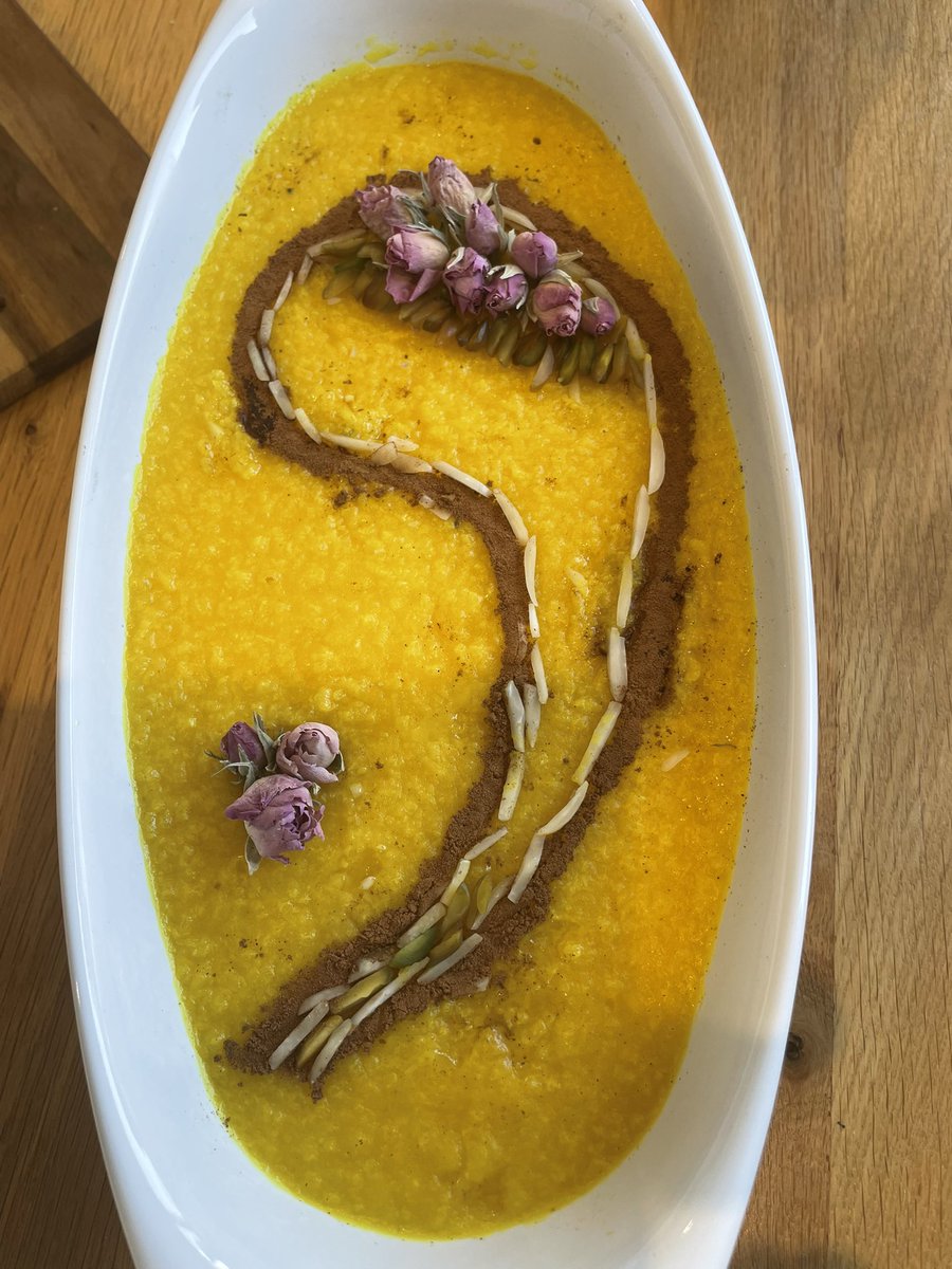 Persian rice pudding. Rice,
Sugar, cardamom, Rose water- and just a bit of saffron!
