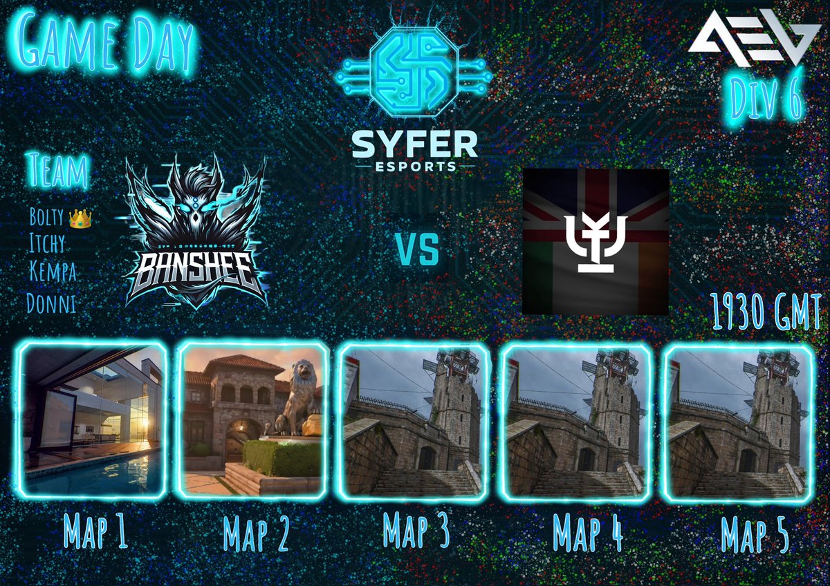 Syfer Banshee vs Tuki 7:30pm 
AEL Div 6 best of 5 series 

As the season closes to an end can Banshee take home another victory?

👑Monspeet (Bolty)
Itchy 
Kempa 
Donni