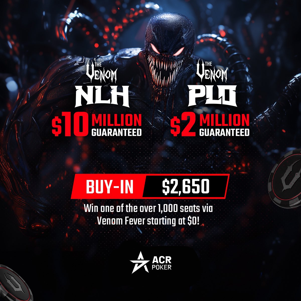 ACR_POKER's tweet image. Your shot at a $2,650 #TheVenom ticket is slipping away! 🔥
📌 Deposit $100+ NOW to qualify.
📌 Comment your username + #TheVenom to enter.

🎁 We’re giving away 7 tickets total, enter the raffle before 7pm ET for your chance to win.

Winners will be announced on this post.