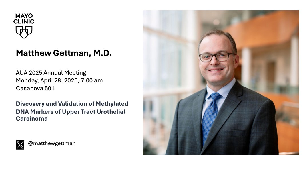 Mayo Clinic Urology (@mayourology) on Twitter photo Tomorrow at #AUA25, don't miss <a href="/matthewgettman/">Matthew Gettman</a> presenting "Discovery and Validation of Methylated DNA Markers of Upper Tract Urothelial Carcinoma"
April 28, 2025, 7am
Casanova 501
<a href="/AmerUrological/">Amer. Urol. Assn.</a> Tomorrow at #AUA25, don't miss <a href="/matthewgettman/">Matthew Gettman</a> presenting "Discovery and Validation of Methylated DNA Markers of Upper Tract Urothelial Carcinoma"
April 28, 2025, 7am
Casanova 501
<a href="/AmerUrological/">Amer. Urol. Assn.</a>