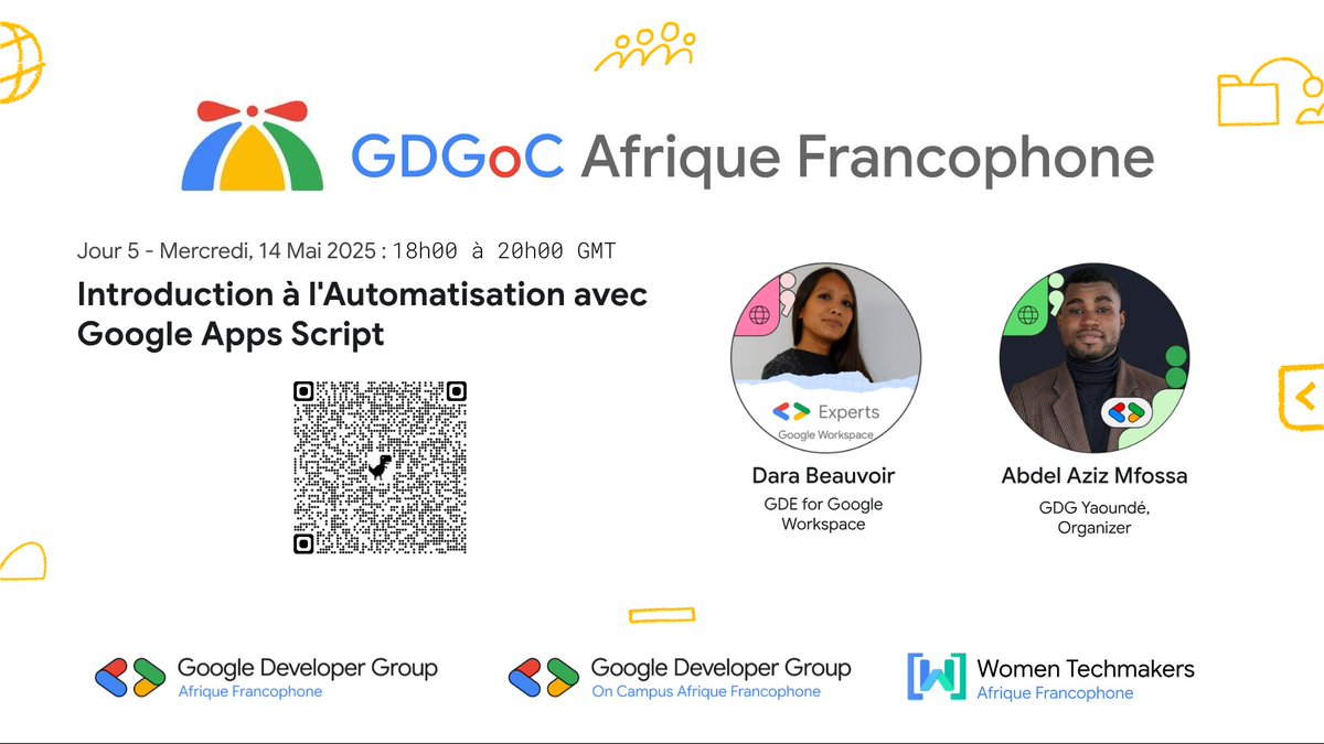 GDG on Campus UCB - #gdgocucb (@gdgocucbukavu) on Twitter photo 💡Formation sur <a href="/GoogleWorkspace/">Google Workspace</a> avec les GDGs on Campus Afrique Francophone 🚀
Rejoignez-nous pour le 5ème jour avec le <a href="/GoogleDevExpert/">@GoogleDevExpert</a>, Dara Beauvoir et <a href="/AbdelMfossa/">Abdel Aziz MFOSSA</a> en scannant le QR pour entrer dans le monde du <a href="/GAppscript/">Google AppScript</a> et automatiser vos tâches 🎉
#GDGoCAF
6/7 💡Formation sur <a href="/GoogleWorkspace/">Google Workspace</a> avec les GDGs on Campus Afrique Francophone 🚀
Rejoignez-nous pour le 5ème jour avec le <a href="/GoogleDevExpert/">@GoogleDevExpert</a>, Dara Beauvoir et <a href="/AbdelMfossa/">Abdel Aziz MFOSSA</a> en scannant le QR pour entrer dans le monde du <a href="/GAppscript/">Google AppScript</a> et automatiser vos tâches 🎉
#GDGoCAF
6/7