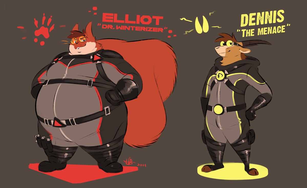 Some concept work for fun! Dennis and Elliot, the totally platonic superhero duo and their sworn enemy, The Aggregator 🐊