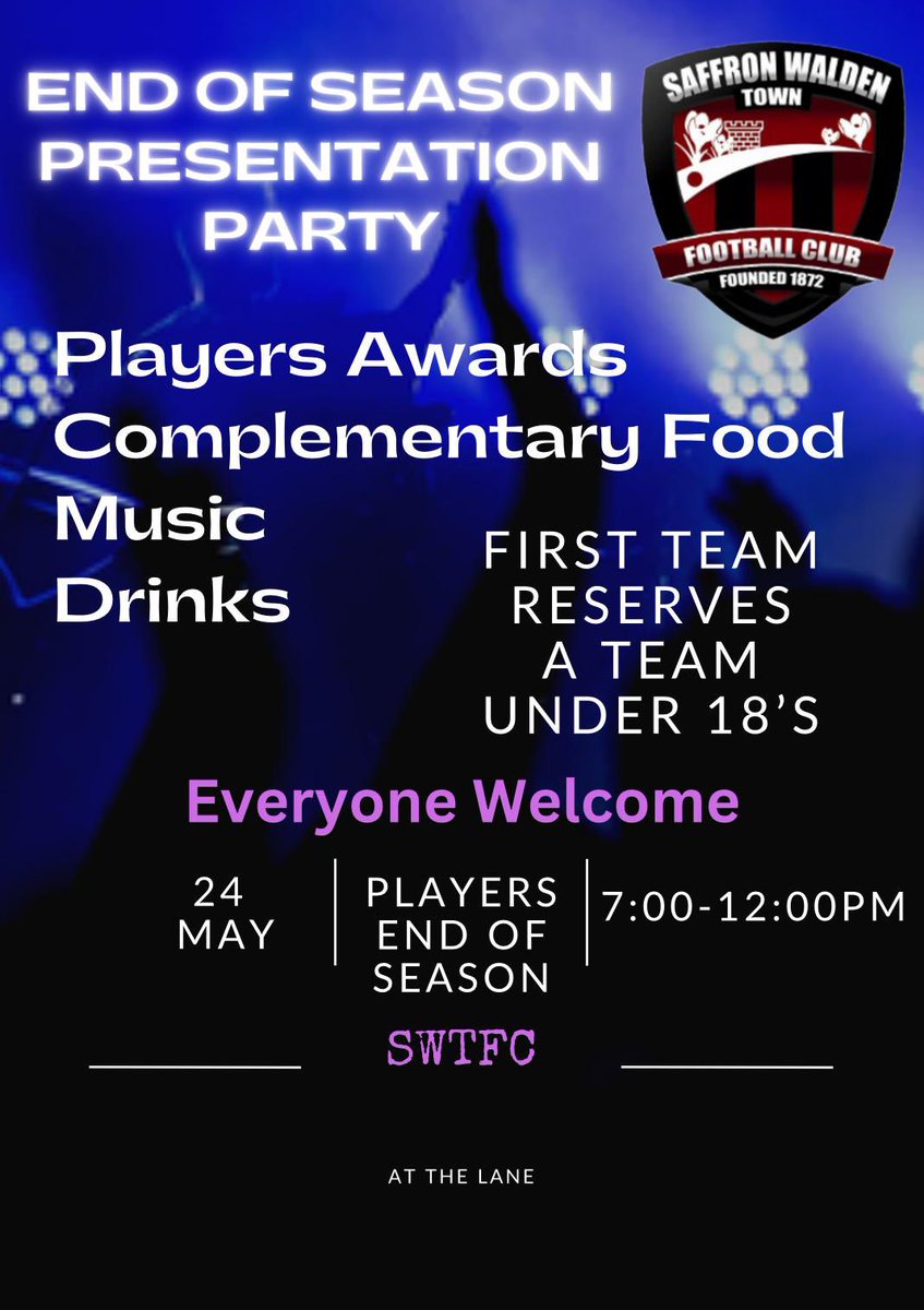 END OF SEASON PRESENTATION PARTY 🎉 

24th May at Catons Lane, starting at 7pm. There will be food, drinks and the presentation of the player awards for the first team, reserves, A team and under 18s.

Put the date in your diaries!

#upthebloods
