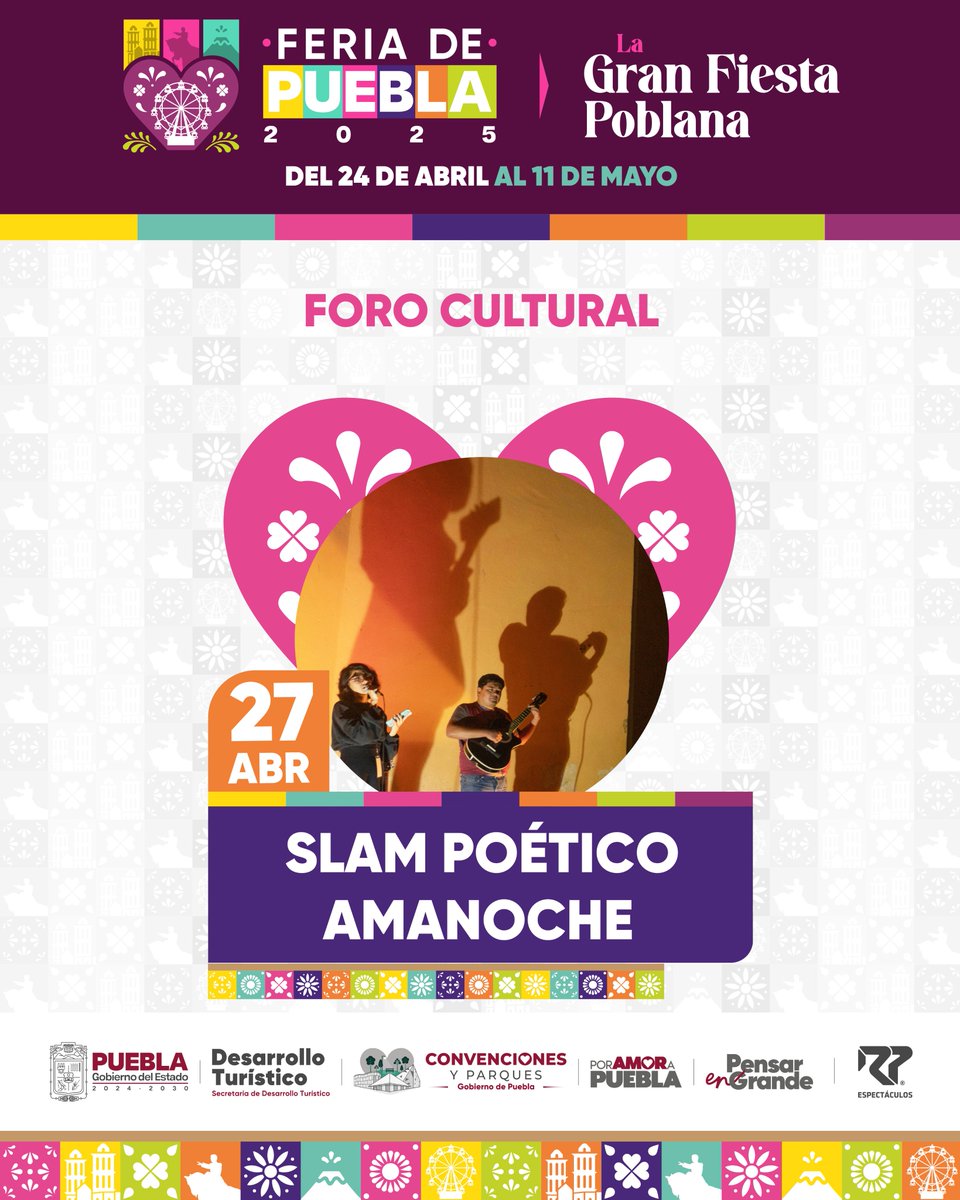 FeriaPuebla's tweet photo. 🎭🎶 ¡El Foro Cultural de la #FeriaDePuebla2025 te espera!
Disfruta Slam Poético Amanoche, Santiago en la Guitarra, Los Tres Cerditos, Takkar Electro y Cumbión Loco. 🎤🎸
🎟️ Solo $50 gracias al Gobierno de Puebla y Convenciones Puebla.
📍 Desde las 3:00 p.m. https://t.co/bYUp2kJlcW