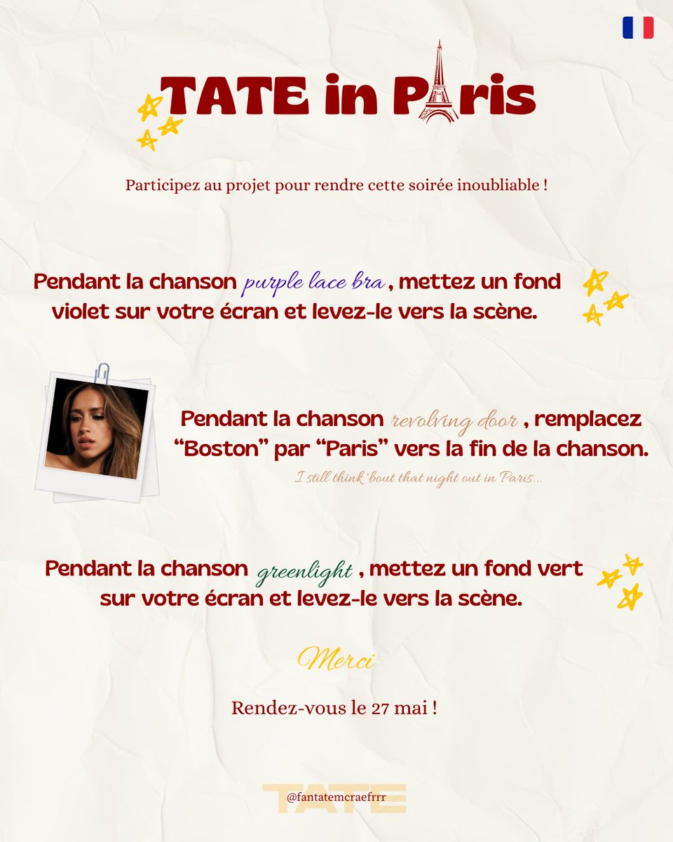 tatemcraefr's tweet photo. 🚨| Voici le projet pour le concert de Tate McRae le 27 mai à l’@Accor_Arena ! https://t.co/YEf6rd74Dd
