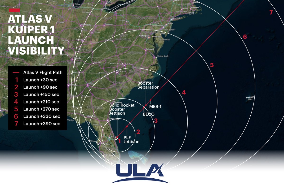 Wondering how you can see the #AtlasV launch of the #Kuiper1 mission for #Amazon? This visibility map shows when and where your best chances are to see the rocket as it lifts off on Monday at 7 p.m. EDT and heads northeasterly into space.

Live updates and webcast: