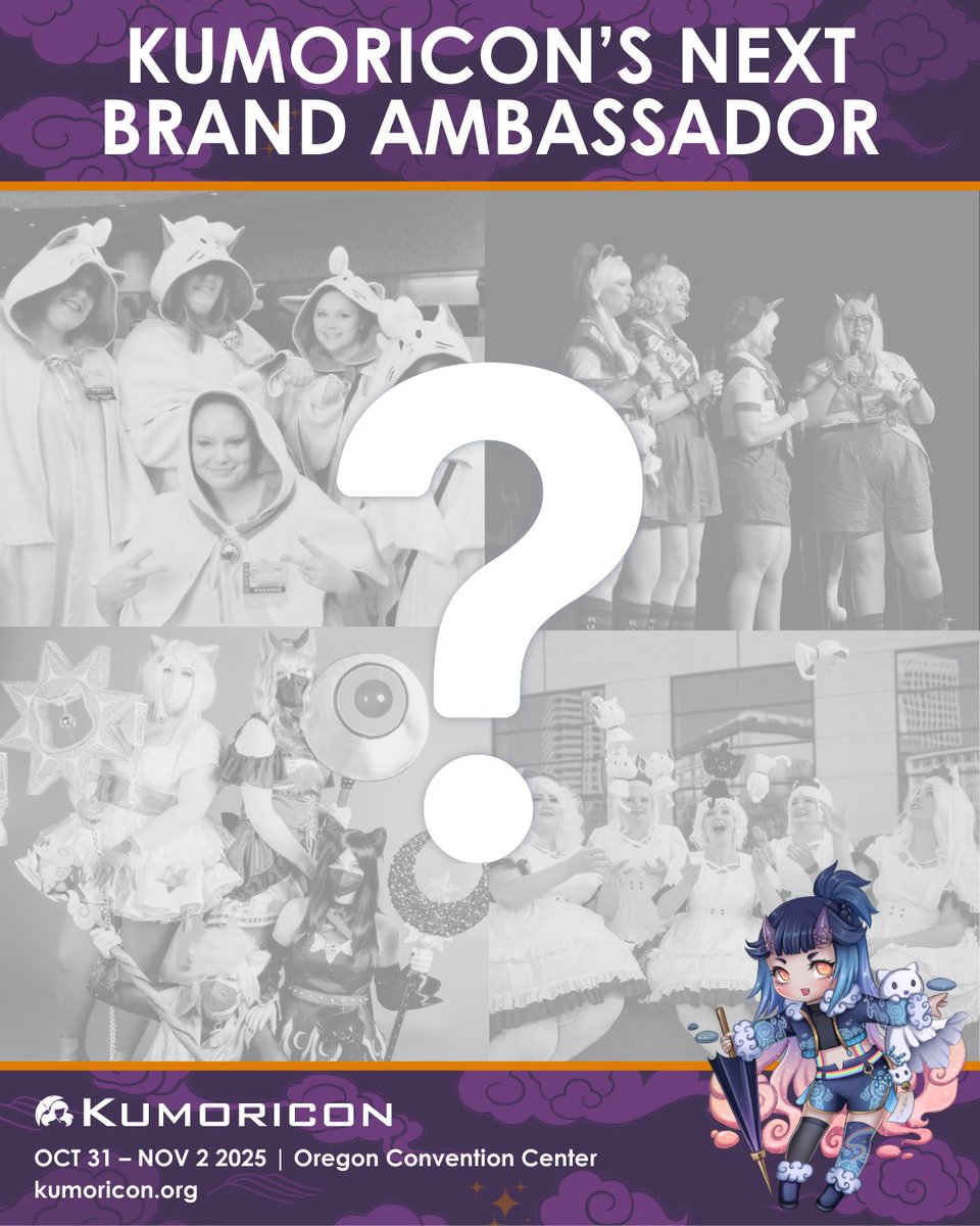 If you have skills as a cosplayer and would like a yearly contract to represent Kumoricon, please send us your portfolio. We are looking for either an individual or group that has time year-round to help promote Kumoricon online and at events. 
Link: branding@kumoricon.org