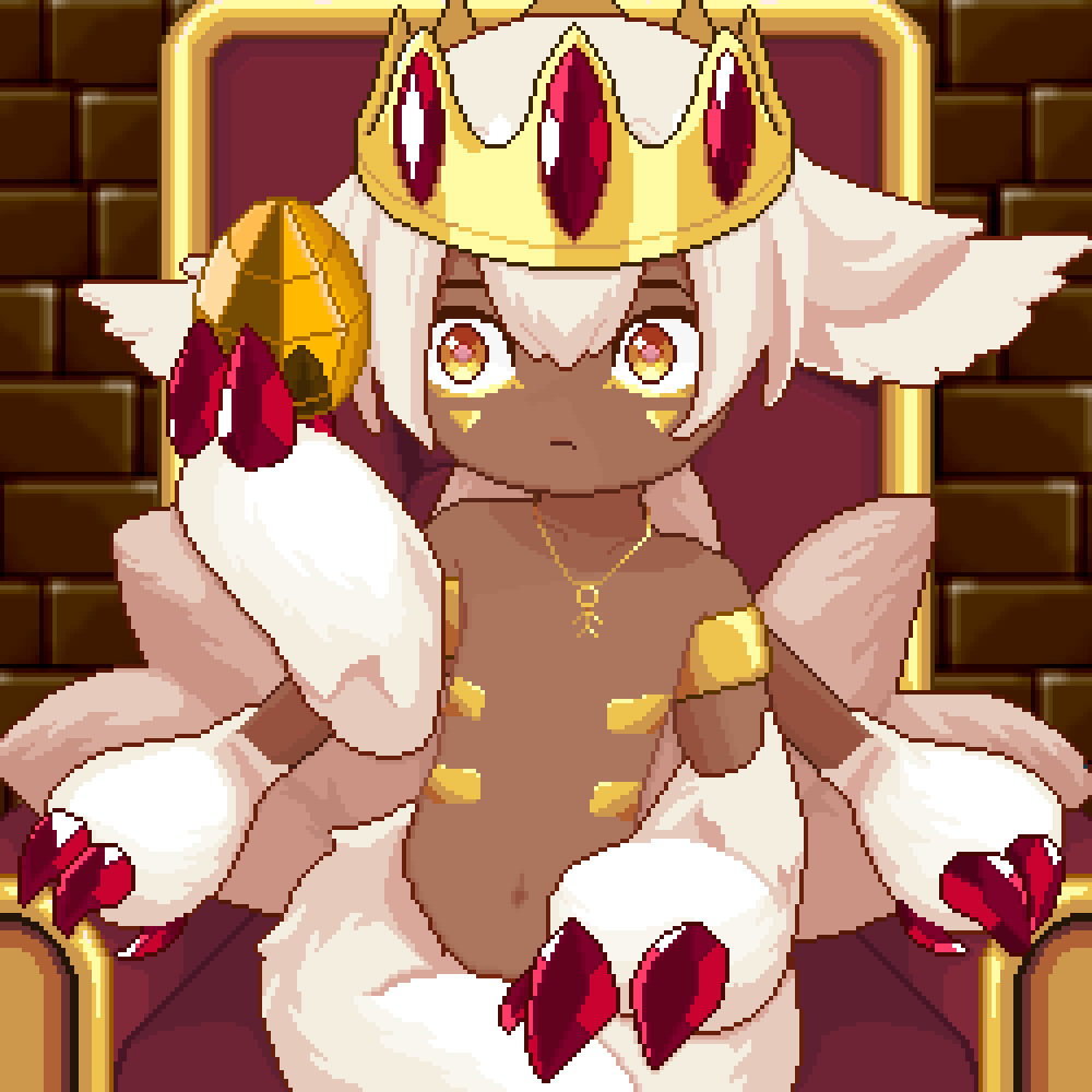TheNarehate's tweet image. I wanted to imagine Faputa as a queen of her own world.
Pixel art + gem crowns + a throne made just for her.

#faputa #Madeinabyss #pixelart