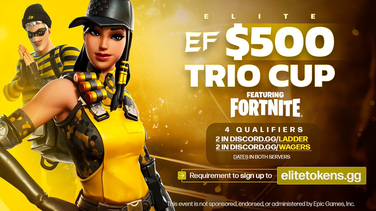 Elite Divisions (@elitefndivision) on Twitter photo Elite $500 Cup! 💰
Requirements to play:
- Follow <a href="/EliteFNDivision/">Elite Divisions</a> & <a href="/EliteTokensGG/">Elite Tokens</a>
- Like and Retweet ♻️
- @ Your Trio 🗣️
- Sign up to elitetokens.gg 🪙
Once you complete the steps above, send proof to discord.gg/ladder to play! 🚀 Elite $500 Cup! 💰
Requirements to play:
- Follow <a href="/EliteFNDivision/">Elite Divisions</a> & <a href="/EliteTokensGG/">Elite Tokens</a>
- Like and Retweet ♻️
- @ Your Trio 🗣️
- Sign up to elitetokens.gg 🪙
Once you complete the steps above, send proof to discord.gg/ladder to play! 🚀