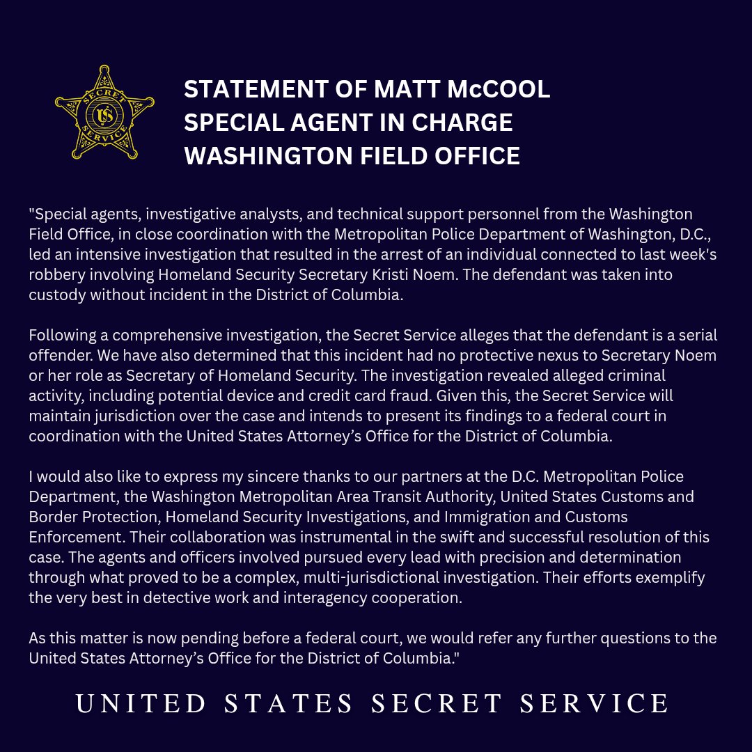 Anthony Guglielmi (@secretsvcspox) on Twitter photo Our work on this case continues. A defendant has been taken into custody by <a href="/SecretService/">U.S. Secret Service</a> and <a href="/DCPoliceDept/">DC Police Department</a>. An update from Washington Field Office Special Agent in Charge Matt McCool is below. Our work on this case continues. A defendant has been taken into custody by <a href="/SecretService/">U.S. Secret Service</a> and <a href="/DCPoliceDept/">DC Police Department</a>. An update from Washington Field Office Special Agent in Charge Matt McCool is below.