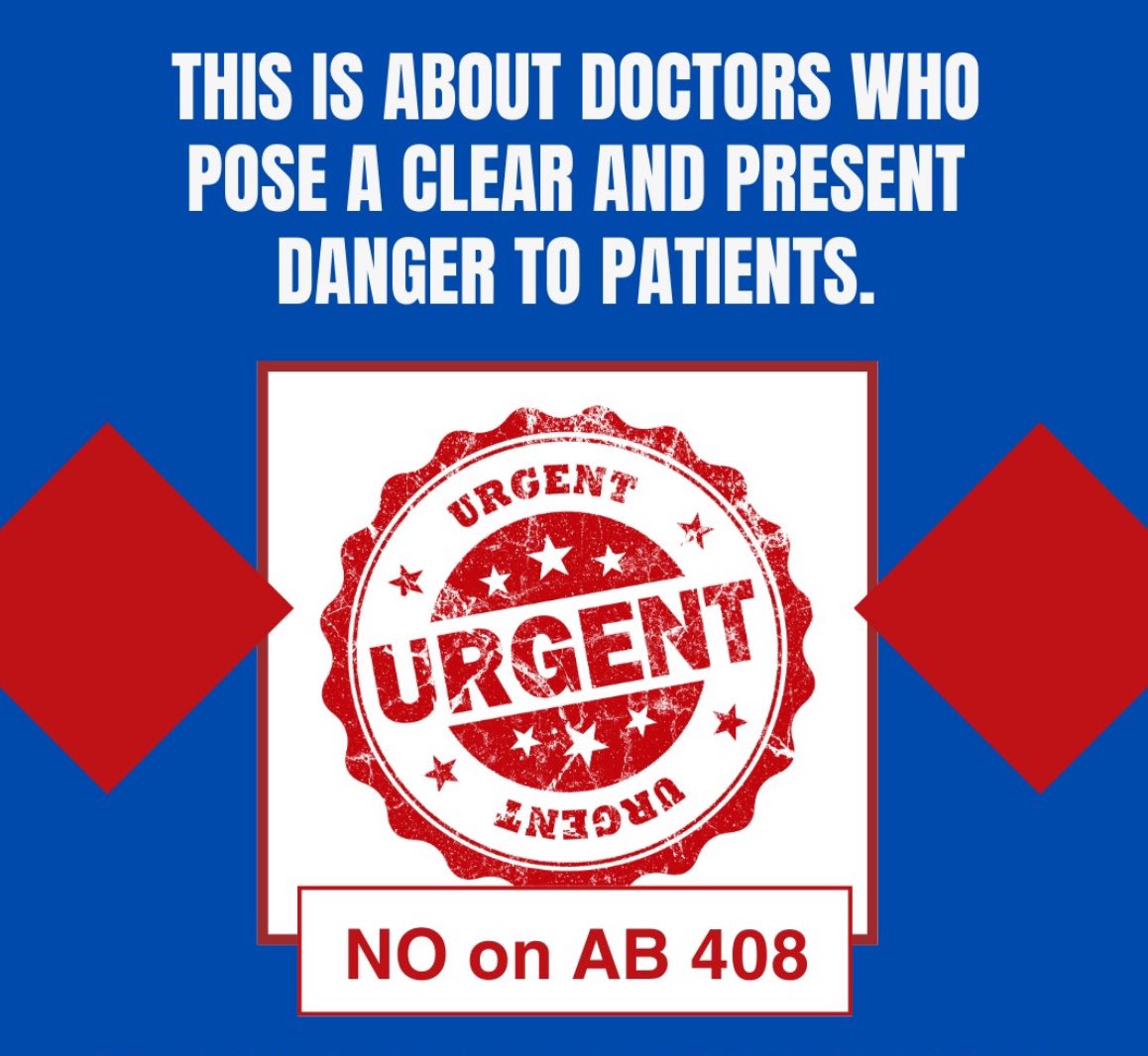 Consumer Watchdog (@consumerwd) on Twitter photo AB 408 would repeat the mistakes of the past.
The bill would replicate the problems with the Medical Board’s prior diversion program
that allowed repeat offender doctors to evade discipline by entering the program, fail, and keep practicing, placing patients at risk.
#NoOnAB408 AB 408 would repeat the mistakes of the past.
The bill would replicate the problems with the Medical Board’s prior diversion program
that allowed repeat offender doctors to evade discipline by entering the program, fail, and keep practicing, placing patients at risk.
#NoOnAB408