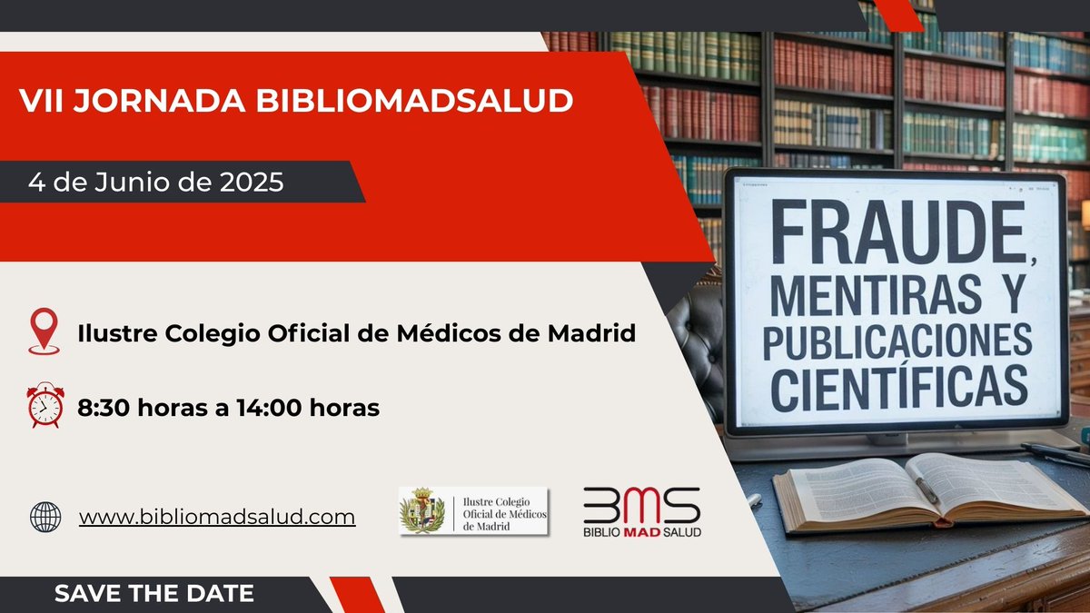 📢 ¡Save the date!
Os esperamos el 4 de junio de 2025 en el <a href="/Icomem_Oficial/">ICOMEM</a> donde celebraremos la VII Jornada ·BiblioMadSalud: "Fraude, mentiras y publicaciones científicas" 🧠📚
#IntegridadCientífica #etica #publicacionescientificas