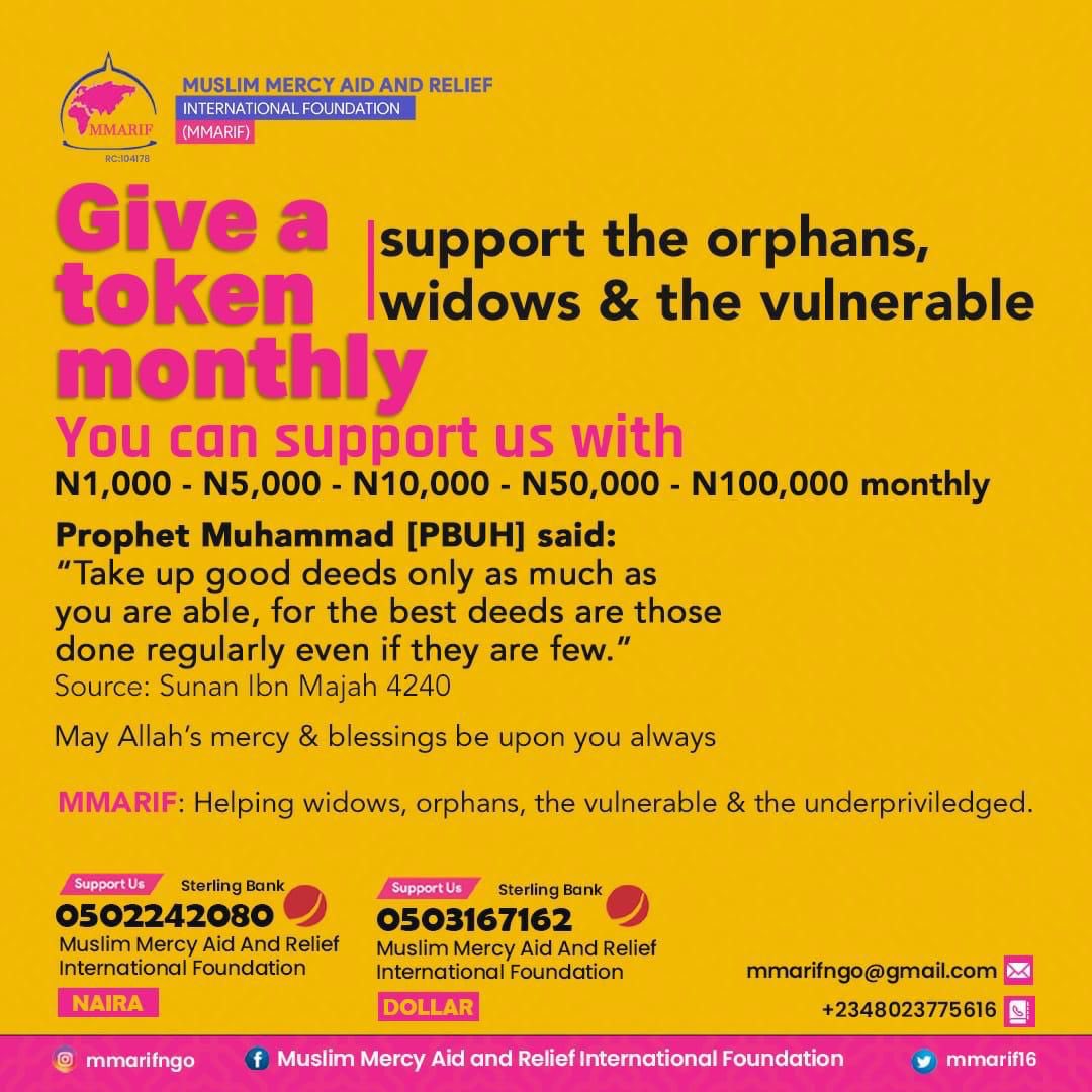 KingZaid1's tweet photo. Assalamu ‘alaikum.  
Kindly donate towards the cause.
If everybody that sees this can support this cause with N1,000, N5,000 or N100,000 monthly, it will go a long way in touching lives. 
Donate to: 0502242080, Sterling Bank, or 1004104929, Lotus Bank or 2045111592, First Bank. https://t.co/7lrjrvO7zr
