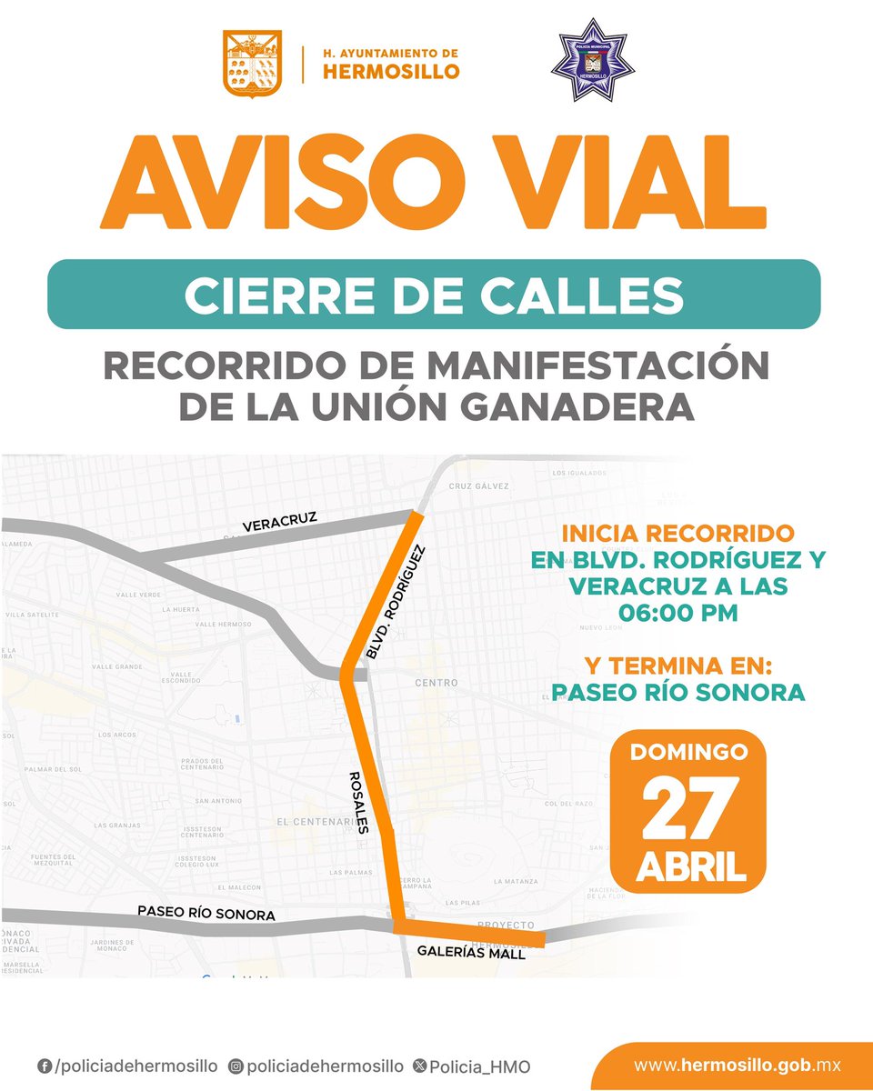 Policia_HMO's tweet photo. ⚠️ Aviso vial importante ⚠️ 

Te recordamos que el día de hoy varias calles serán cerradas temporalmente, mientras avance el contingente. 

Utiliza vías alternas. https://t.co/ukoDoXAoHW