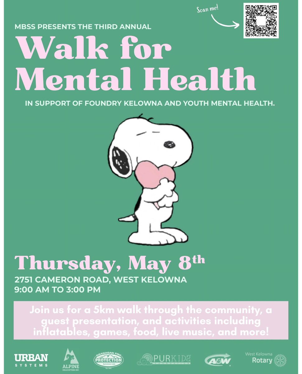 Let’s support youth mental health and Foundry Kelowna! 
MBSS students are hosting the Third Annual Walk for Mental Health on Thursday, May 8th.
Come walk 5km, enjoy games, food, live music, and more.
Hope to see you there! <a href="/MBSSBears/">Mount Boucherie Sec.</a> <a href="/SD23News/">Central Okanagan Public Schools</a>