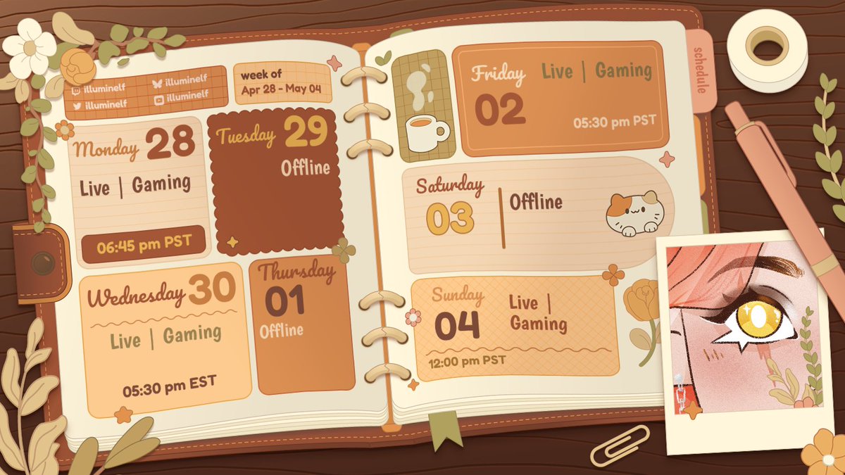 illuminelf's tweet image. -ˏˋ schedule | apr 28 - may 04 ˊˎ-

🔗: twitch.tv/illuminelf

| #vtuber | #twitch |