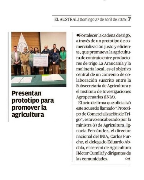 Seremi de Agricultura La Araucanía (@minagriaraucan) on Twitter photo <a href="/MinagriCL/">Ministerio de Agricultura de Chile 🇨🇱</a> presenta prototipo para promover la agricultura de contrato y fortalecer al sector triguero nacional. A través de un convenio suscrito entre la <a href="/Sub_Agricultura/">Subsecretaría de Agricultura</a> y <a href="/iniachile/">INIA Chile</a>, se ejecutará un prototipo entre productores de comunidades mapuche de #LaAraucanía. <a href="/MinagriCL/">Ministerio de Agricultura de Chile 🇨🇱</a> presenta prototipo para promover la agricultura de contrato y fortalecer al sector triguero nacional. A través de un convenio suscrito entre la <a href="/Sub_Agricultura/">Subsecretaría de Agricultura</a> y <a href="/iniachile/">INIA Chile</a>, se ejecutará un prototipo entre productores de comunidades mapuche de #LaAraucanía.