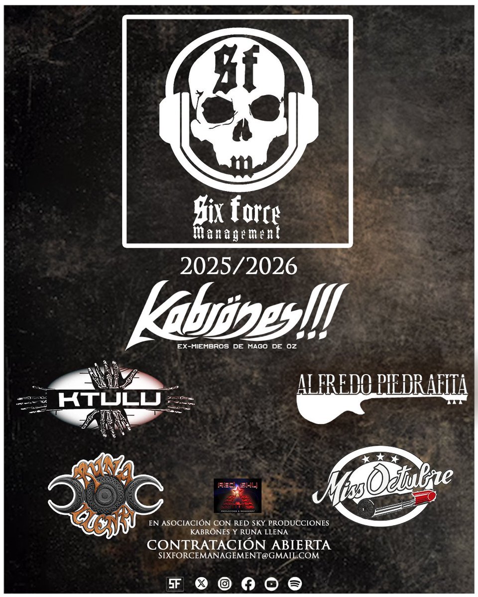Six Force Management (@sixforceevents) on Twitter photo Abierta contratación 2025 /2026
SIX FORCE Management
📨Sixforcemanagement@gmail.com
@kabrones_oficial
@ktulu_oficial Ktulu
@alfredopiedrafitarock
@runallenaoficial
<a href="/miss_octubre/">Miss Octubre</a>
🎞️Imágen y edición @ferpapacore_undergroundvisuals
#Kabrones #sixforcemanagement #Ktulu Abierta contratación 2025 /2026
SIX FORCE Management
📨Sixforcemanagement@gmail.com
@kabrones_oficial
@ktulu_oficial Ktulu
@alfredopiedrafitarock
@runallenaoficial
<a href="/miss_octubre/">Miss Octubre</a>
🎞️Imágen y edición @ferpapacore_undergroundvisuals
#Kabrones #sixforcemanagement #Ktulu
