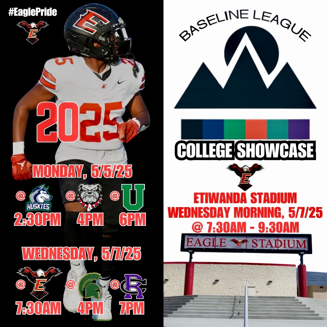 Etiwanda High Football (@etiwandafb) on Twitter photo Eagles Varsity Football welcomes the Baseline League College Showcase Tour! #EaglePride
<a href="/EtiwandaFB/">Etiwanda High Football</a> <a href="/EHSAthletics/">Etiwanda Athletics</a> <a href="/EHS__Activities/">CH</a> <a href="/EHSAchieve/">Julie</a> <a href="/EtiwandaRed/">Principal Wolfe</a> @EtiwandaSD <a href="/EtiwandaSA/">EHStudentAchievement</a> <a href="/EHighCC/">🦅 Etiwanda High School Community Connection 🦅</a> @SA_Etiwanda @ASBEtiwanda <a href="/Pcoachdub1/">Coach Phil Wash</a> <a href="/CJUHSD/">Supt. Mat Holton</a>
<a href="/IESportsNet/">IE Sports Net on FOX Sports Radio🎙</a> <a href="/IECoachB/">‘Coach B’ on FOX Sports Radio</a> <a href="/iHeartRadio/">iHeartRadio</a> Eagles Varsity Football welcomes the Baseline League College Showcase Tour! #EaglePride
<a href="/EtiwandaFB/">Etiwanda High Football</a> <a href="/EHSAthletics/">Etiwanda Athletics</a> <a href="/EHS__Activities/">CH</a> <a href="/EHSAchieve/">Julie</a> <a href="/EtiwandaRed/">Principal Wolfe</a> @EtiwandaSD <a href="/EtiwandaSA/">EHStudentAchievement</a> <a href="/EHighCC/">🦅 Etiwanda High School Community Connection 🦅</a> @SA_Etiwanda @ASBEtiwanda <a href="/Pcoachdub1/">Coach Phil Wash</a> <a href="/CJUHSD/">Supt. Mat Holton</a>
<a href="/IESportsNet/">IE Sports Net on FOX Sports Radio🎙</a> <a href="/IECoachB/">‘Coach B’ on FOX Sports Radio</a> <a href="/iHeartRadio/">iHeartRadio</a>