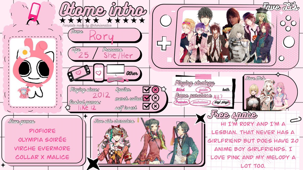 rosuror's tweet image. Finally!!! Did my #otometwtintro did it kind of quickly so definitely forgot some stuff but oh well. Would love to make more otome moots to talk to and be friends🩷🩷🩷 thank you @cheriemalice for the template🩷