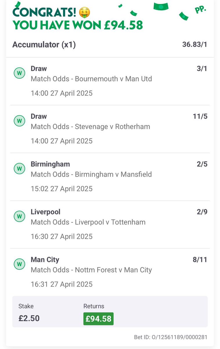 Easy as that £2.50 to £95 💰💰💰

All for £9.99 per month 

Come join the community, we’ve had winnings all week. 😍

You the FREE telegram below

t.me/+-iYlwI7-RMdhN…